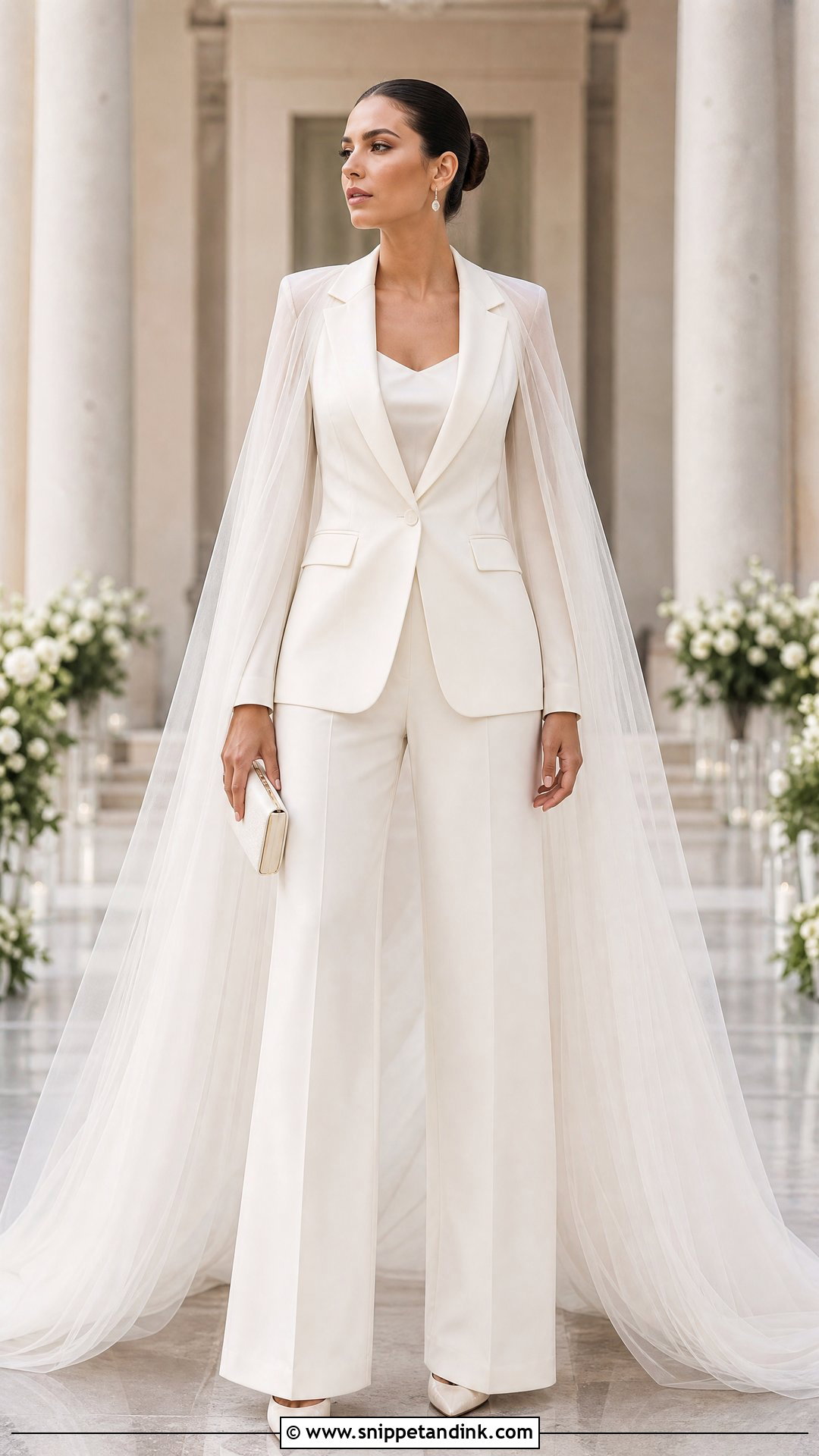 White Wedding Suit With Tulle Cape - Snippet and Ink - 20 Wedding Dress and Suit Ideas