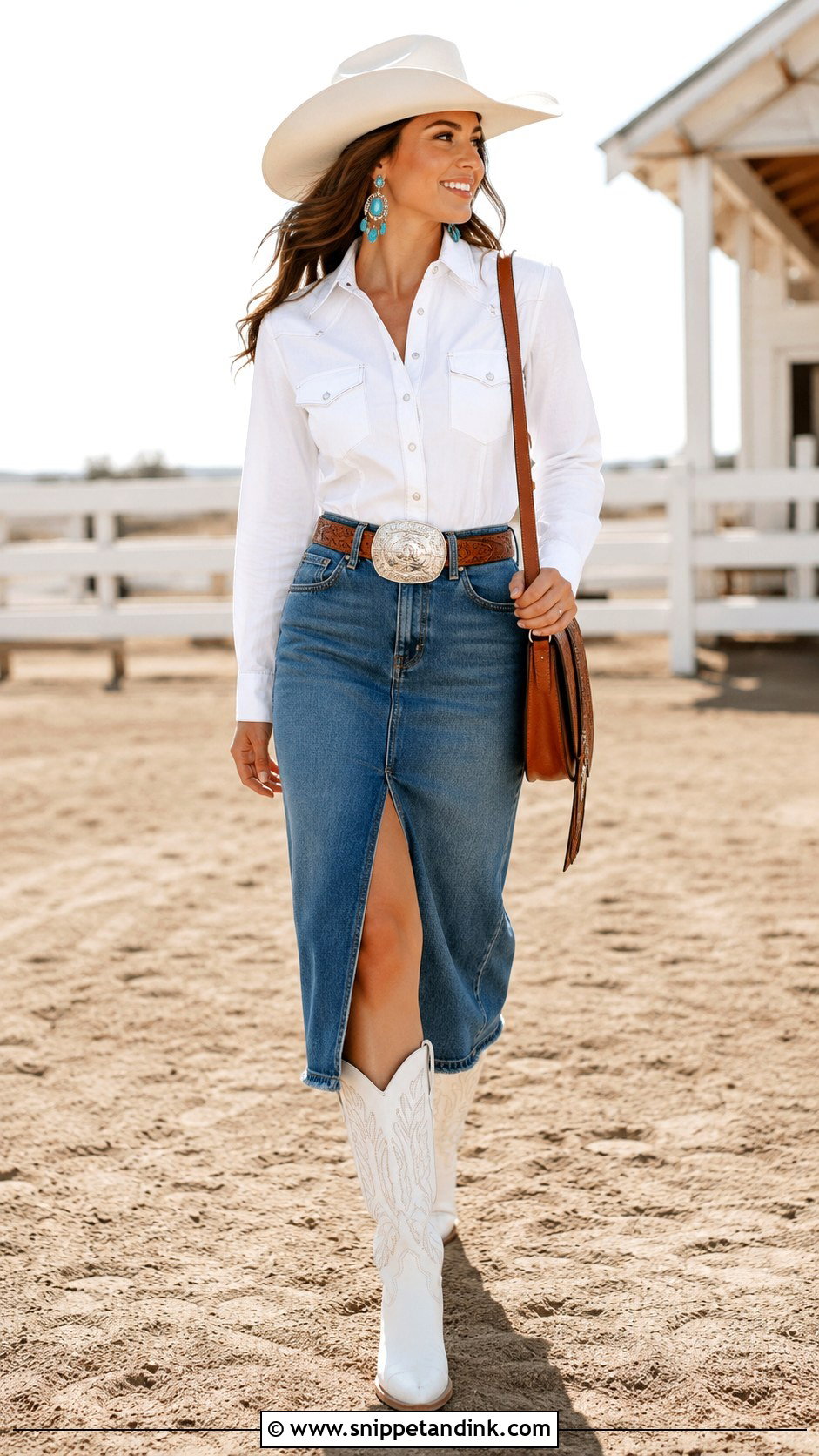 White Western Shirt And Denim Skirt Outfit - Snippet and Ink - 20 Bride Cowgirl Outfit Ideas