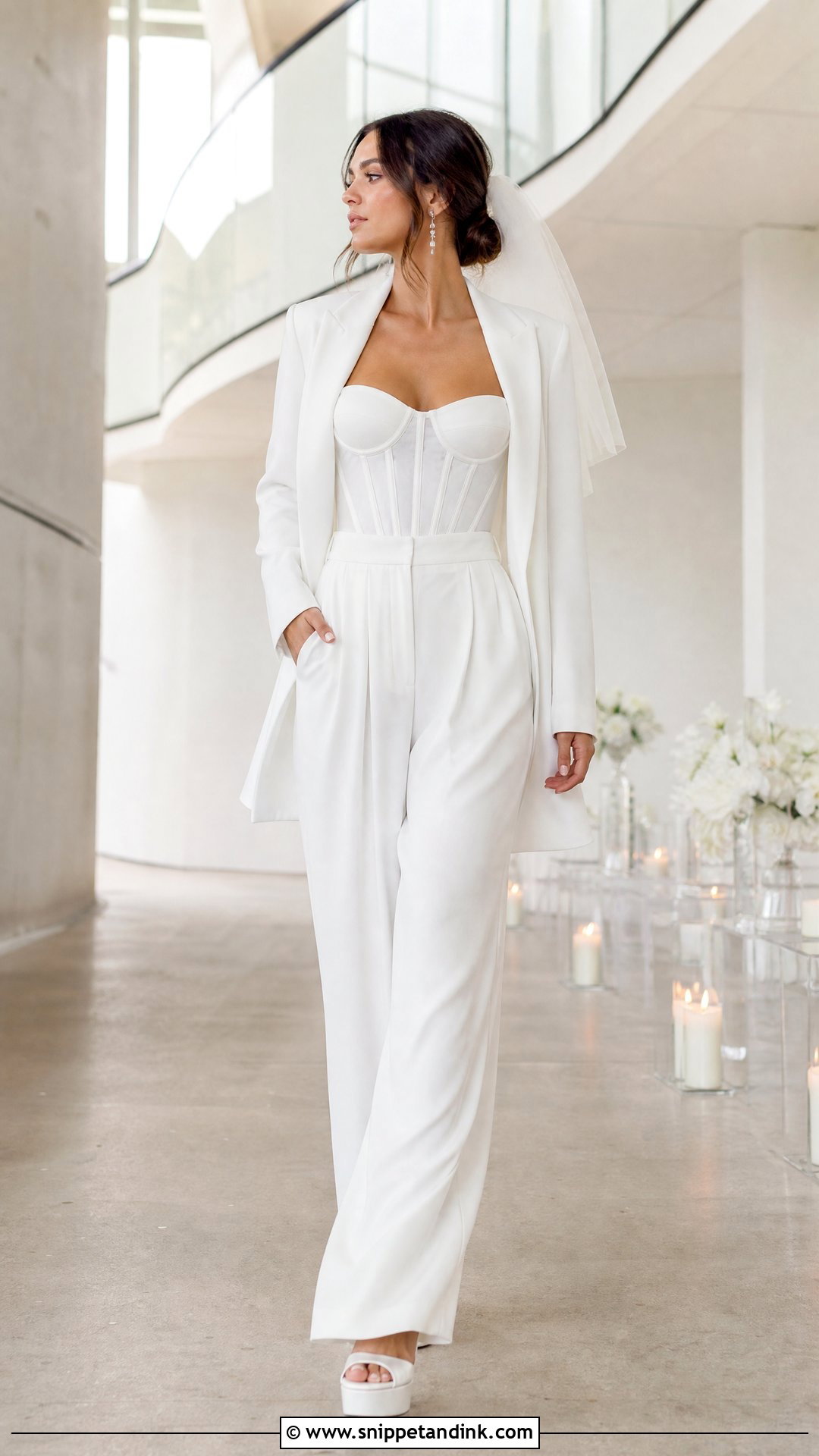 White Wide Leg Bridal Suit With Corset Top - Snippet and Ink - 20 White Bridal Suit Ideas