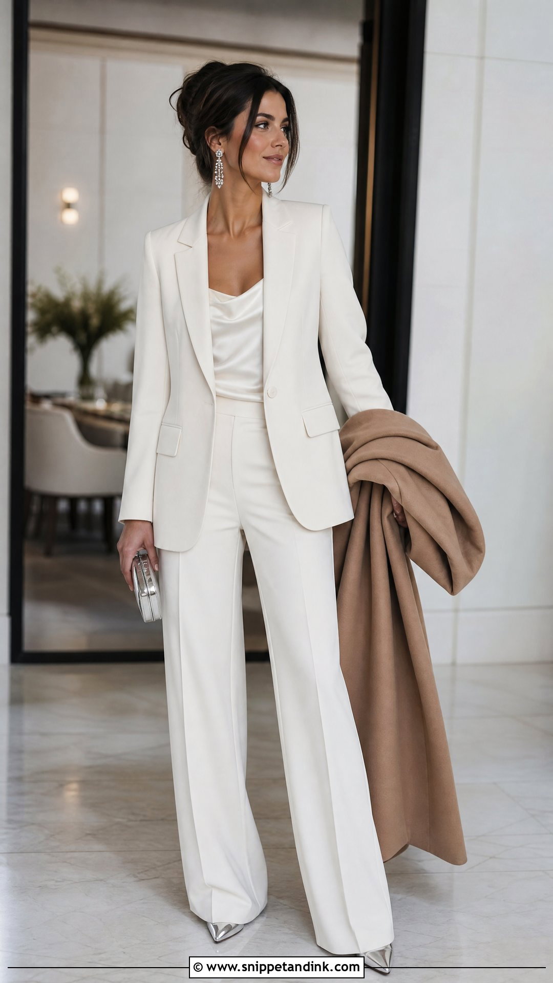 White Wide Leg Suit Winter Bachelorette Outfit - Snippet and Ink - 20 Winter Bachelorette Party Outfit Bride Ideas