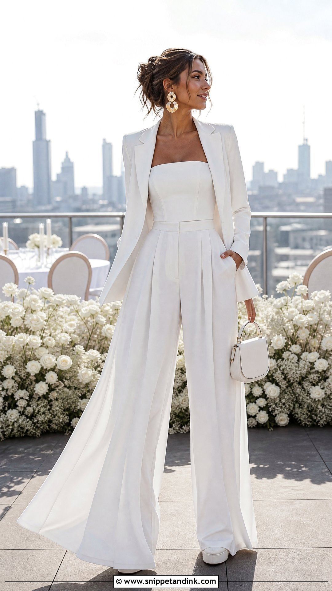 White Wide Leg Suit With Strapless Top - Snippet and Ink - 20 White Suit for Wedding Women Ideas