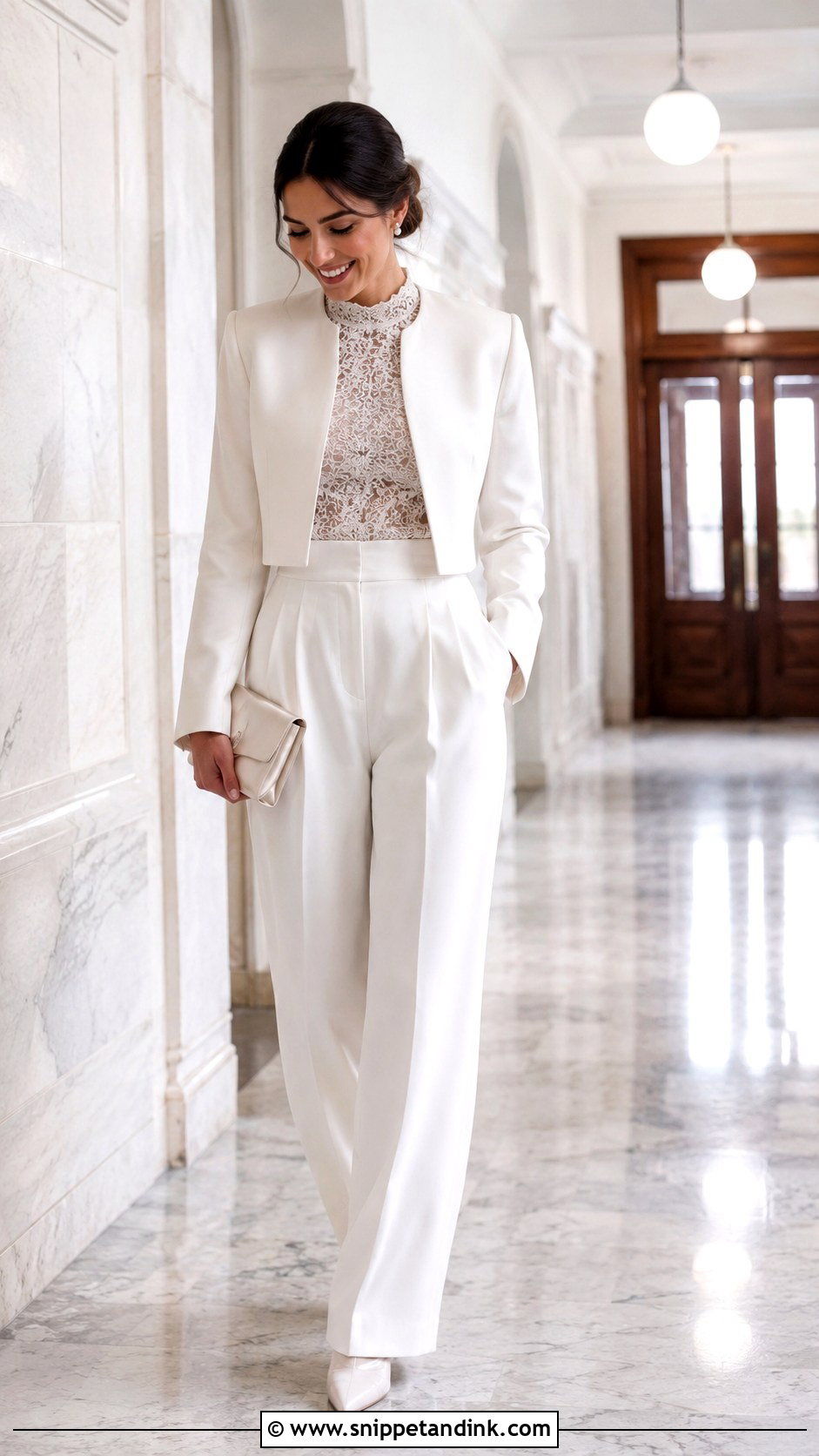 White Wide Leg Trousers With Lace Top - Snippet and Ink - 25 Winter Civil Wedding Outfit Ideas