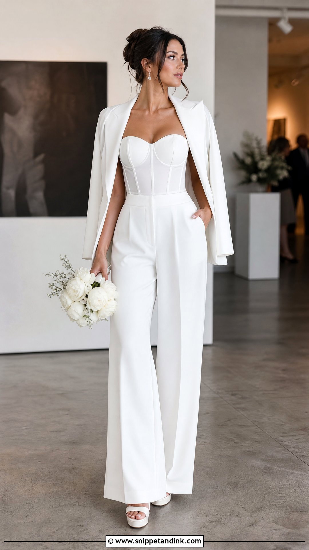 White Wide Leg Wedding Suit With Corset Top - Snippet and Ink - 20 White Suit for Wedding Ideas