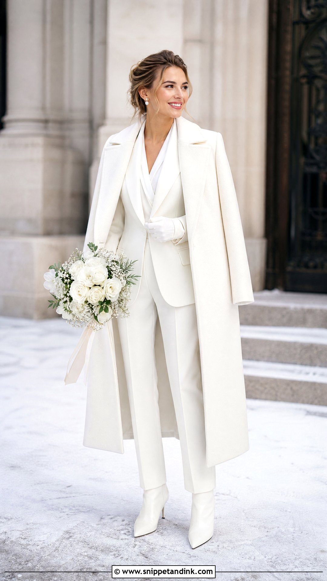 White Winter Bridal Suit With Ankle Boots - Snippet and Ink - 20 White Bridal Suit Ideas
