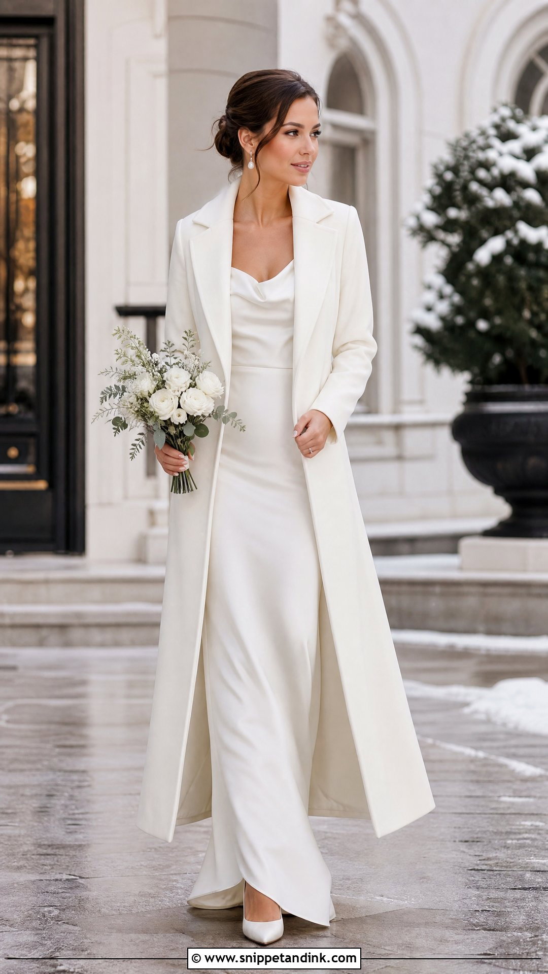 White Wool Wedding Coat With Satin Gown - Snippet and Ink - 25 Wedding Coat Ideas