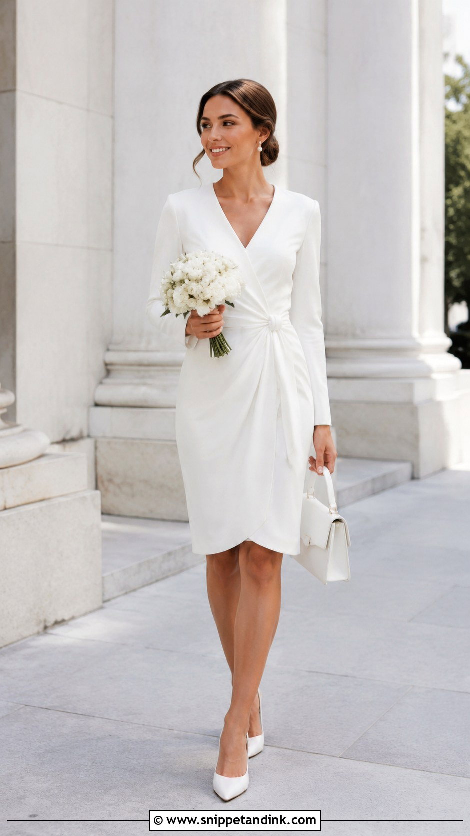 White Wrap Dress Courthouse Bridal Outfit - Snippet and Ink - 20 Bridal Event Outfit Ideas