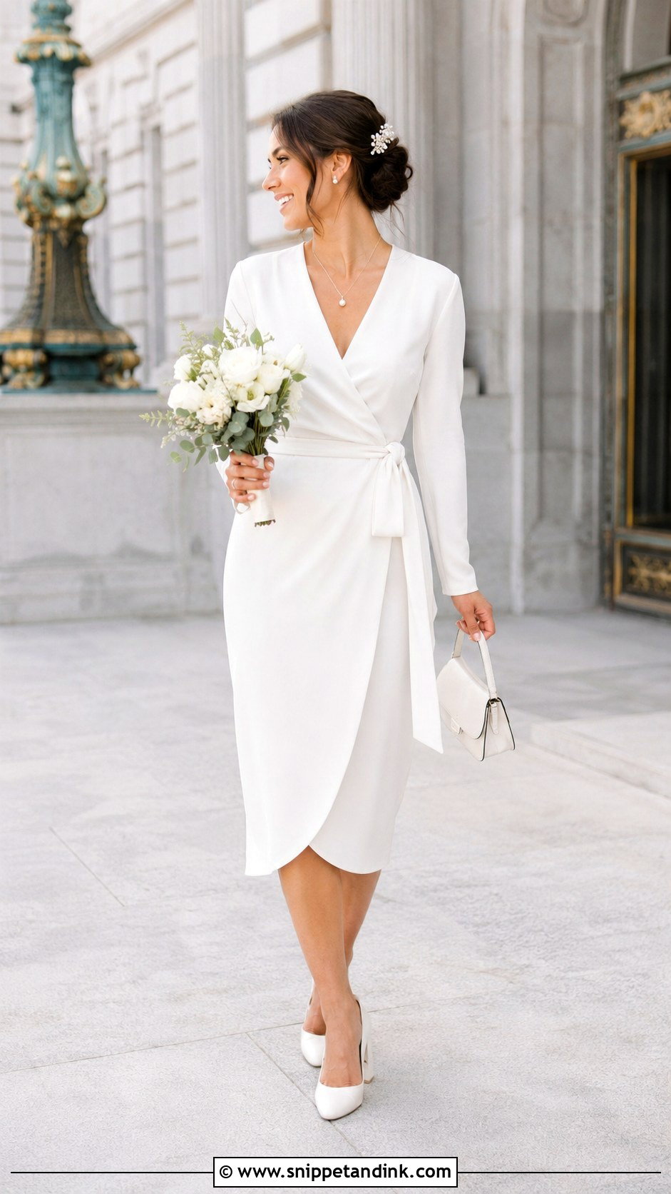 White Wrap Dress Courthouse Wedding Outfit - Snippet and Ink - 20 Courthouse Wedding Outfit Bride Ideas
