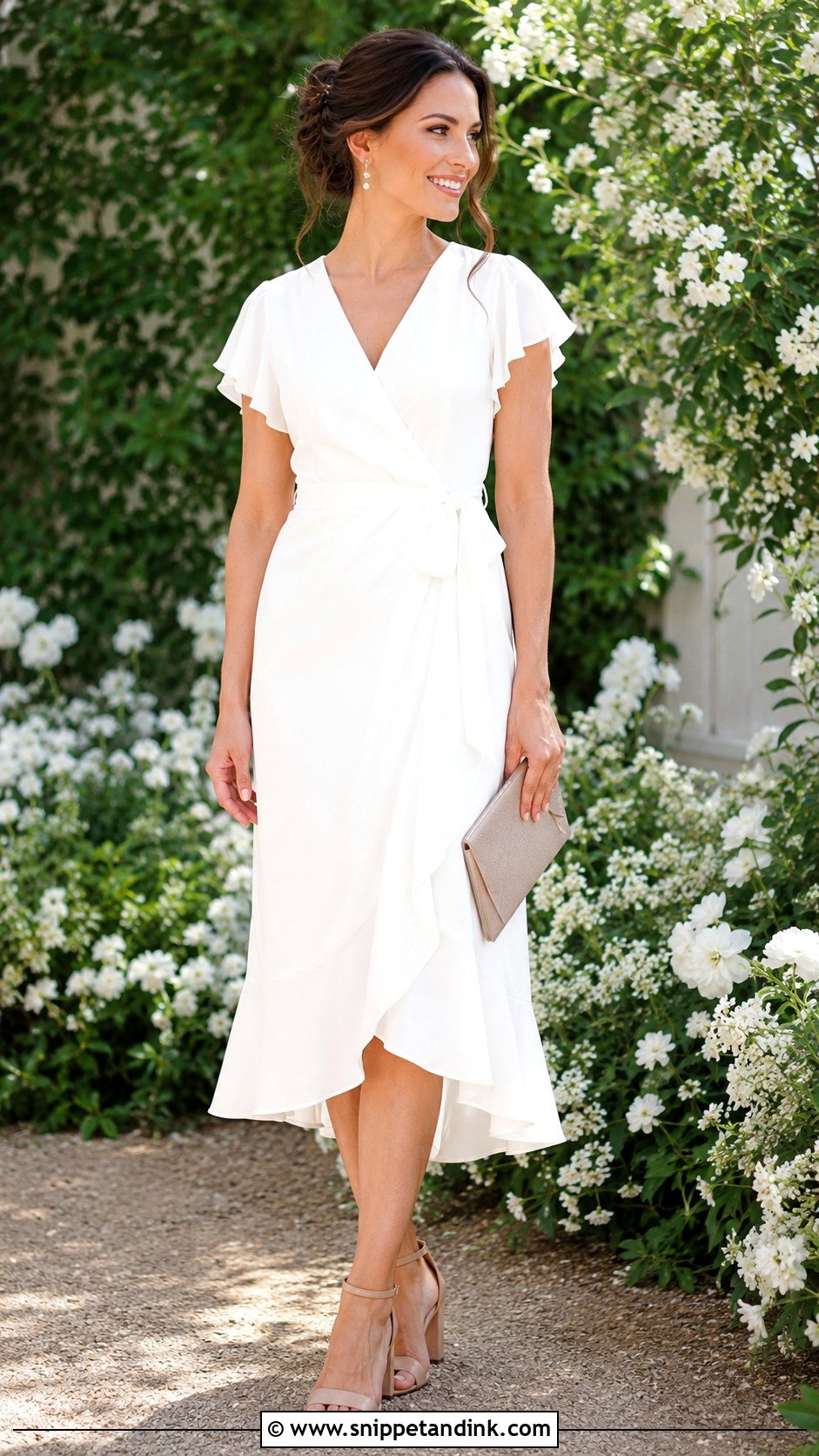 White Wrap Dress for a Brides Rehearsal Dinner - Snippet and Ink - 20 Casual Rehearsal Dinner Outfit for Bride Ideas