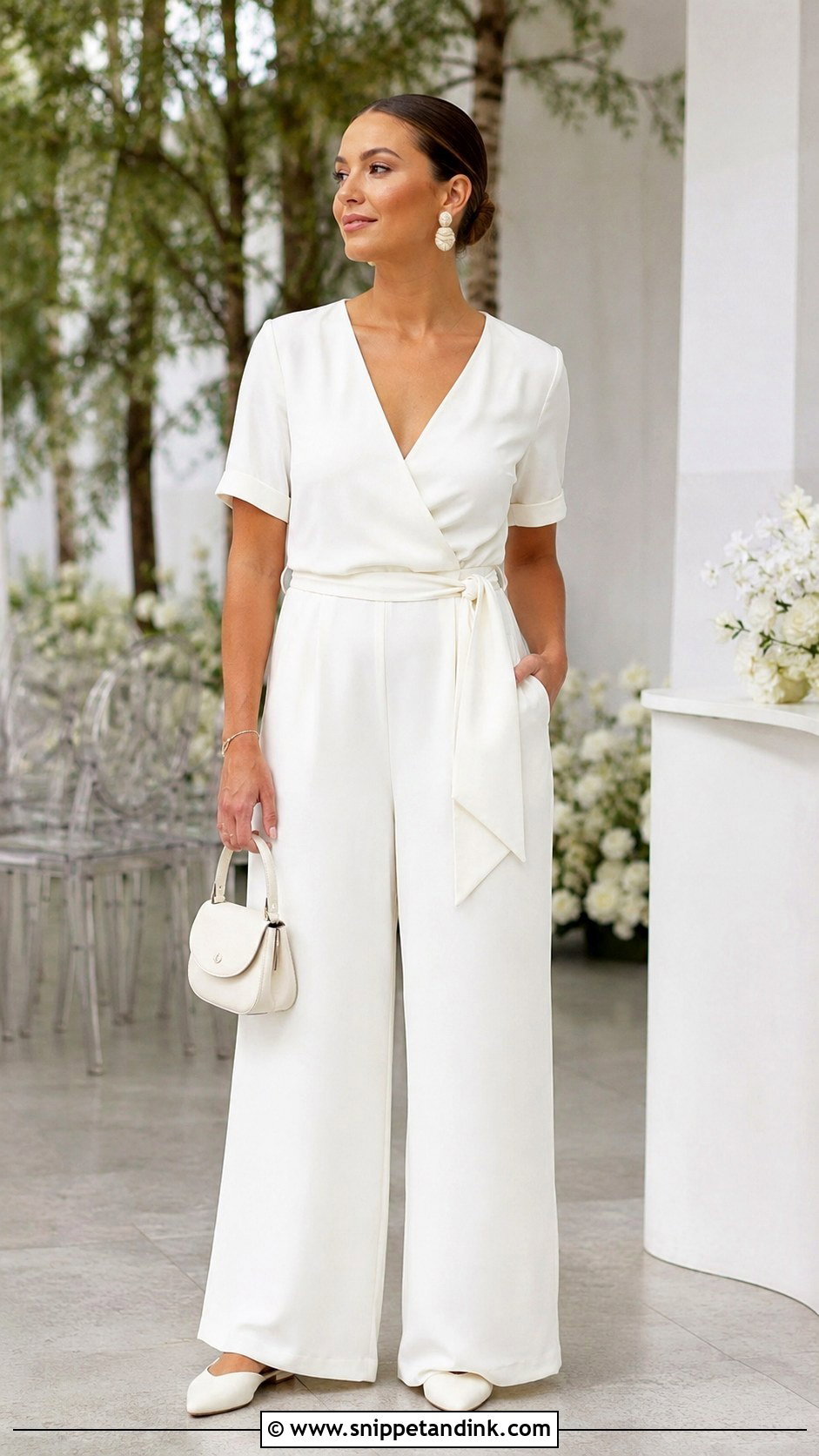 White Wrap Jumpsuit Bridal Outfit - Snippet and Ink - 20 Bride Get Ready Outfit Ideas