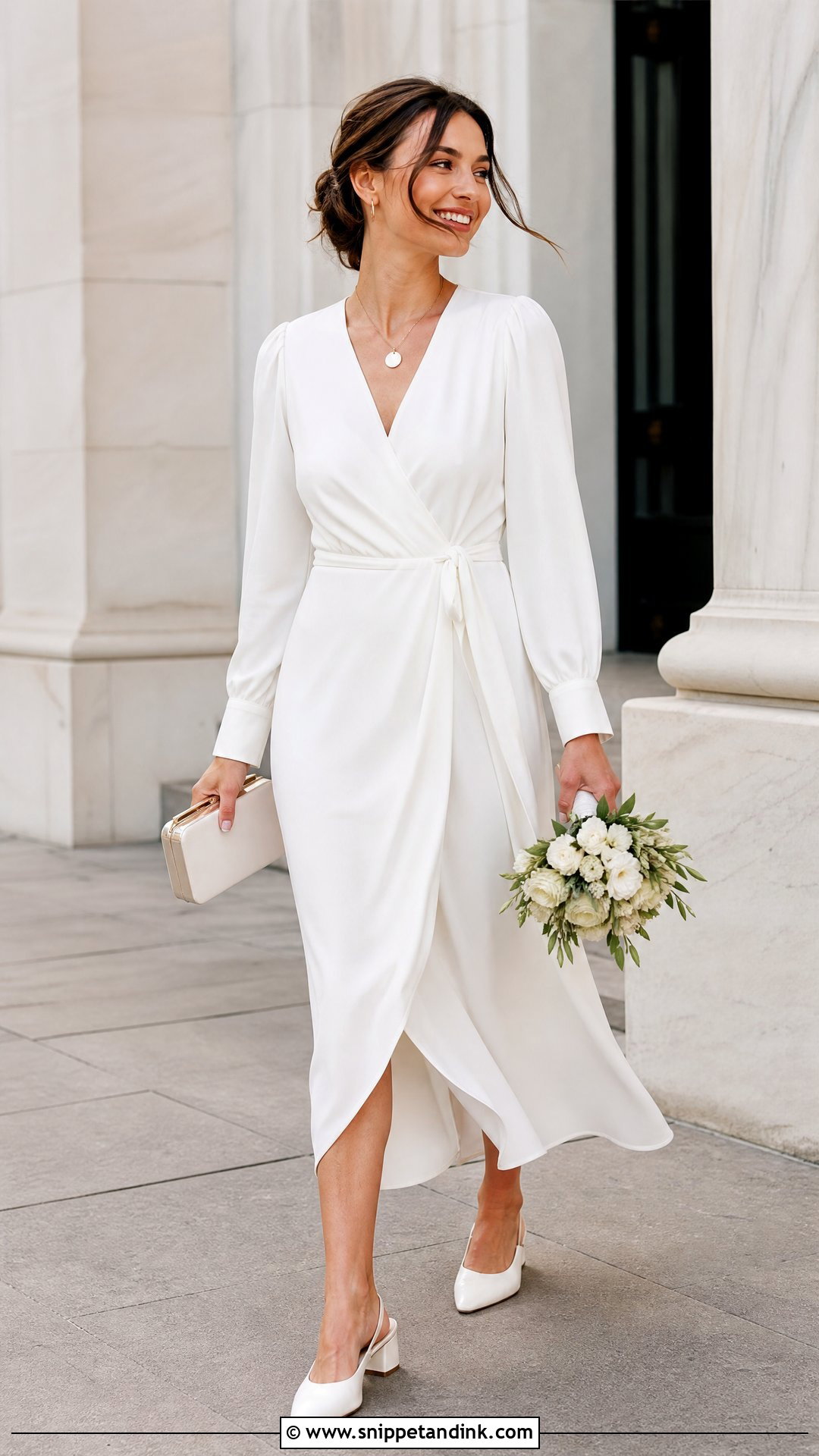 White Wrap Midi Court Wedding Dress - Snippet and Ink - 20 White Court Wedding Dress Ideas