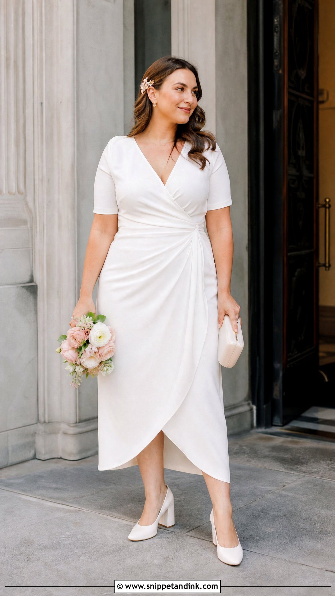 White Wrap Midi Dress With Block Heels - Snippet and Ink - 20 Simple White Dress for Civil Wedding Ideas