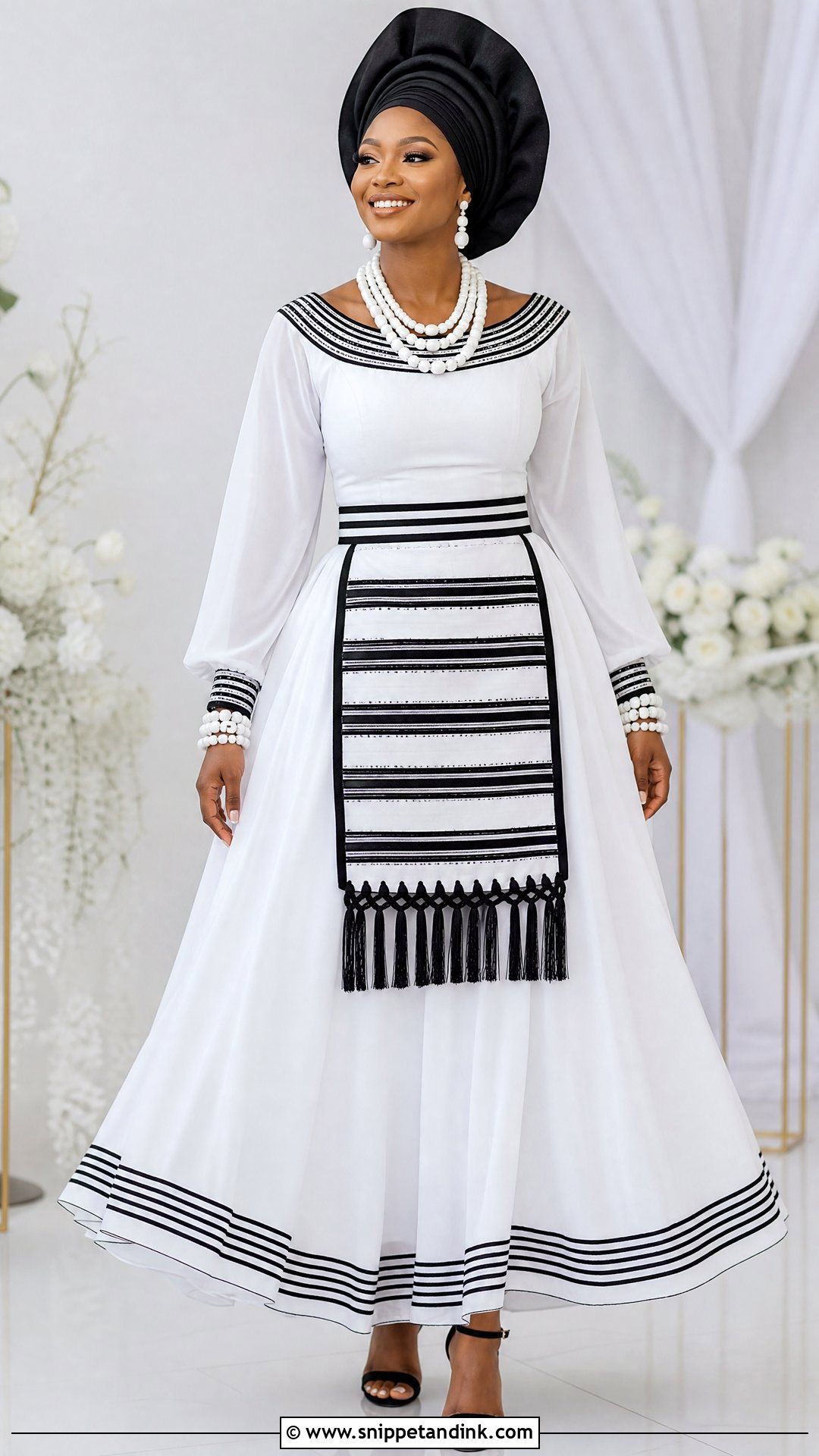 White Xhosa Bride Dress With Black Trim - Snippet and Ink - 20 Xhosa Bride Traditional Attire Ideas
