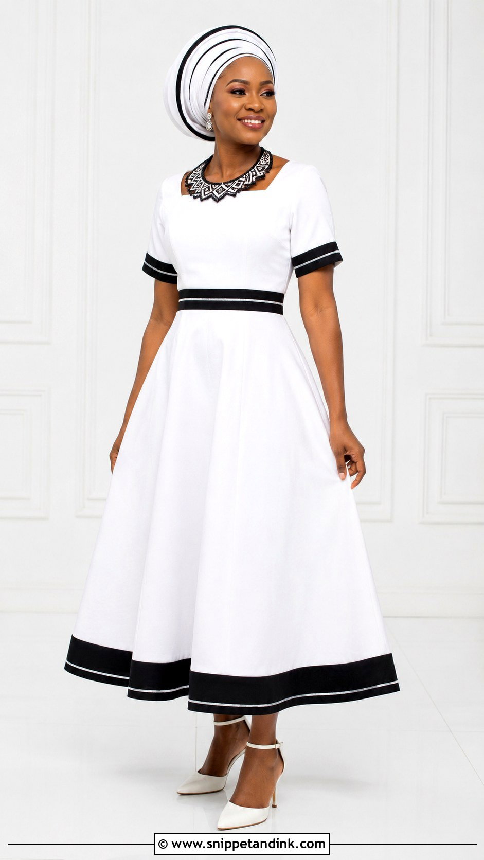 White Xhosa Wedding Dress With Black Trim - Snippet and Ink - 25 Xhosa Wedding Dresses