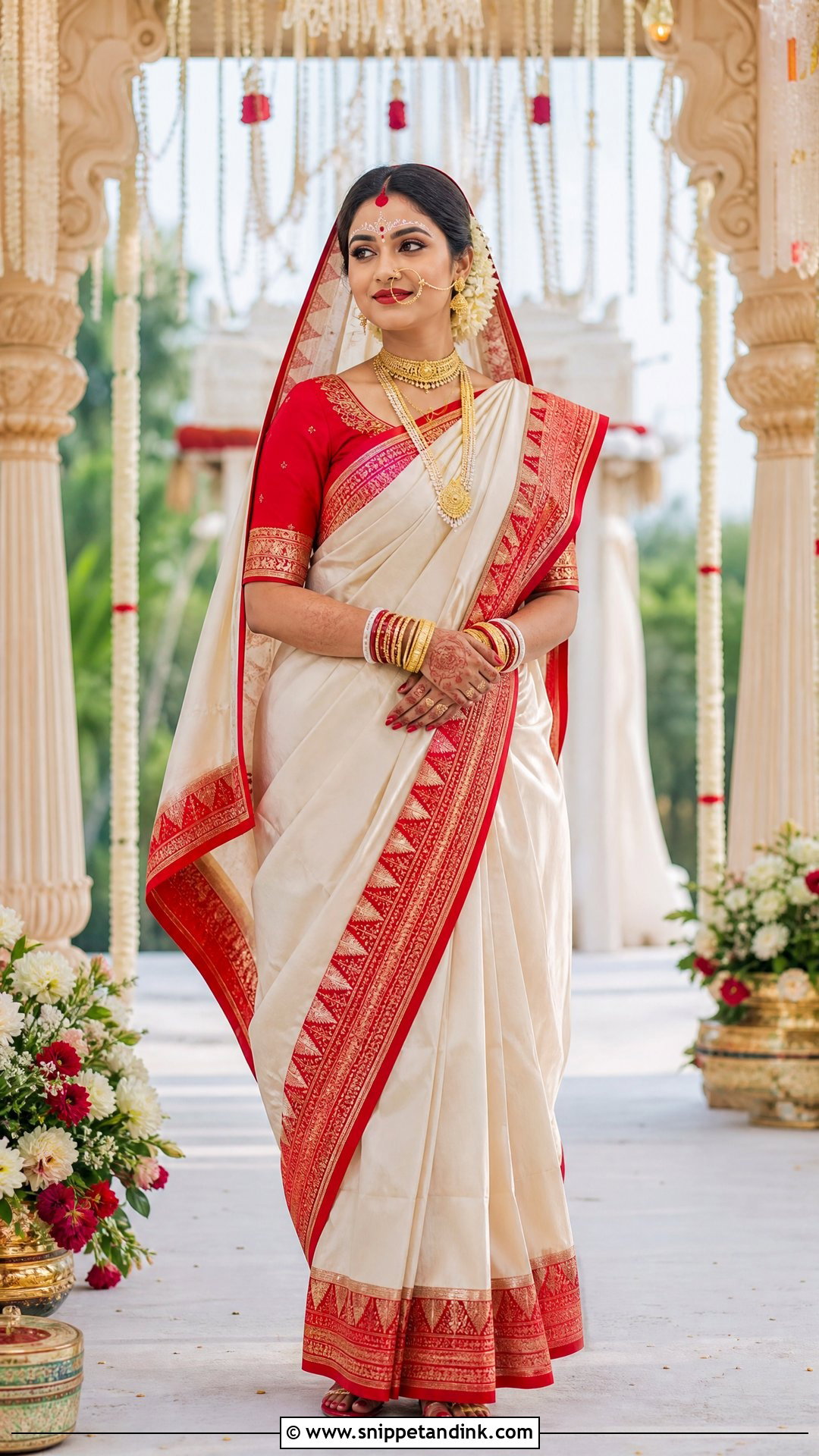 White and Red Bengali Saree for Phera - Snippet and Ink - 20 Phera Outfit Bride Ideas