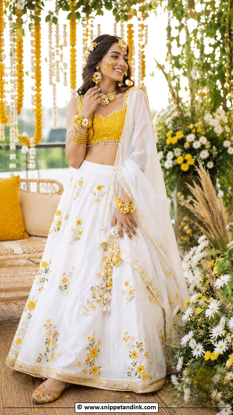 White and Yellow Lehenga for Haldi - Snippet and Ink - 30 Haldi Dress Ideas for Sisters