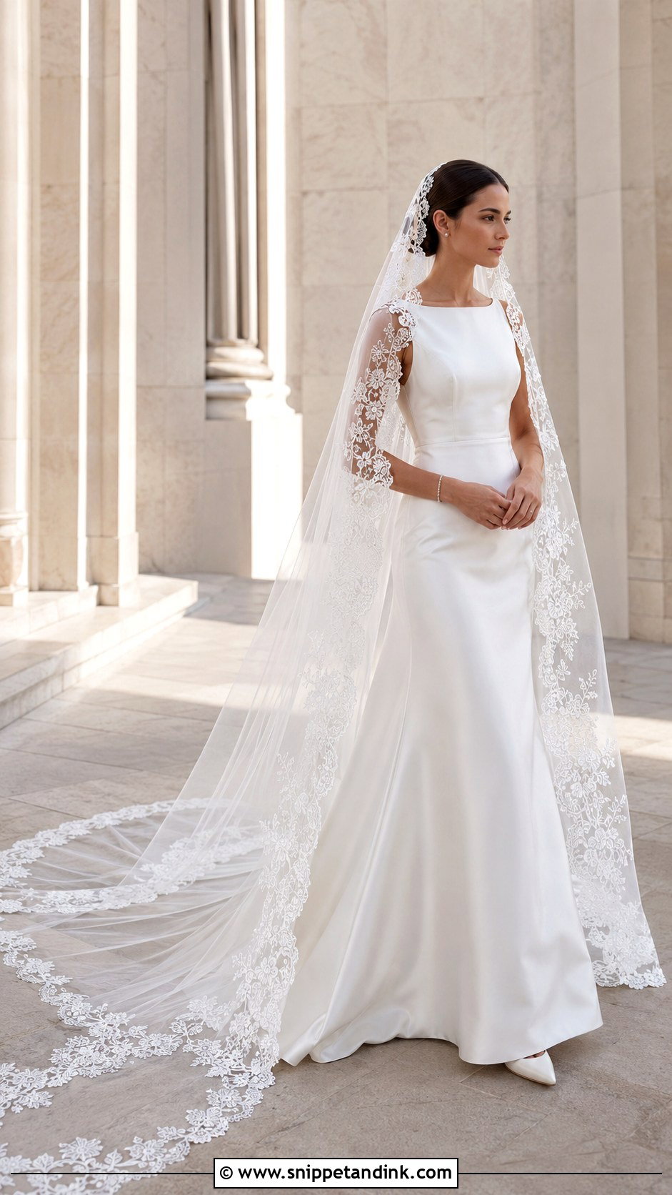 Wide Lace Mantilla Cathedral Veil With Plain Dress - Snippet and Ink - 20 Mantilla Cathedral Veil Ideas