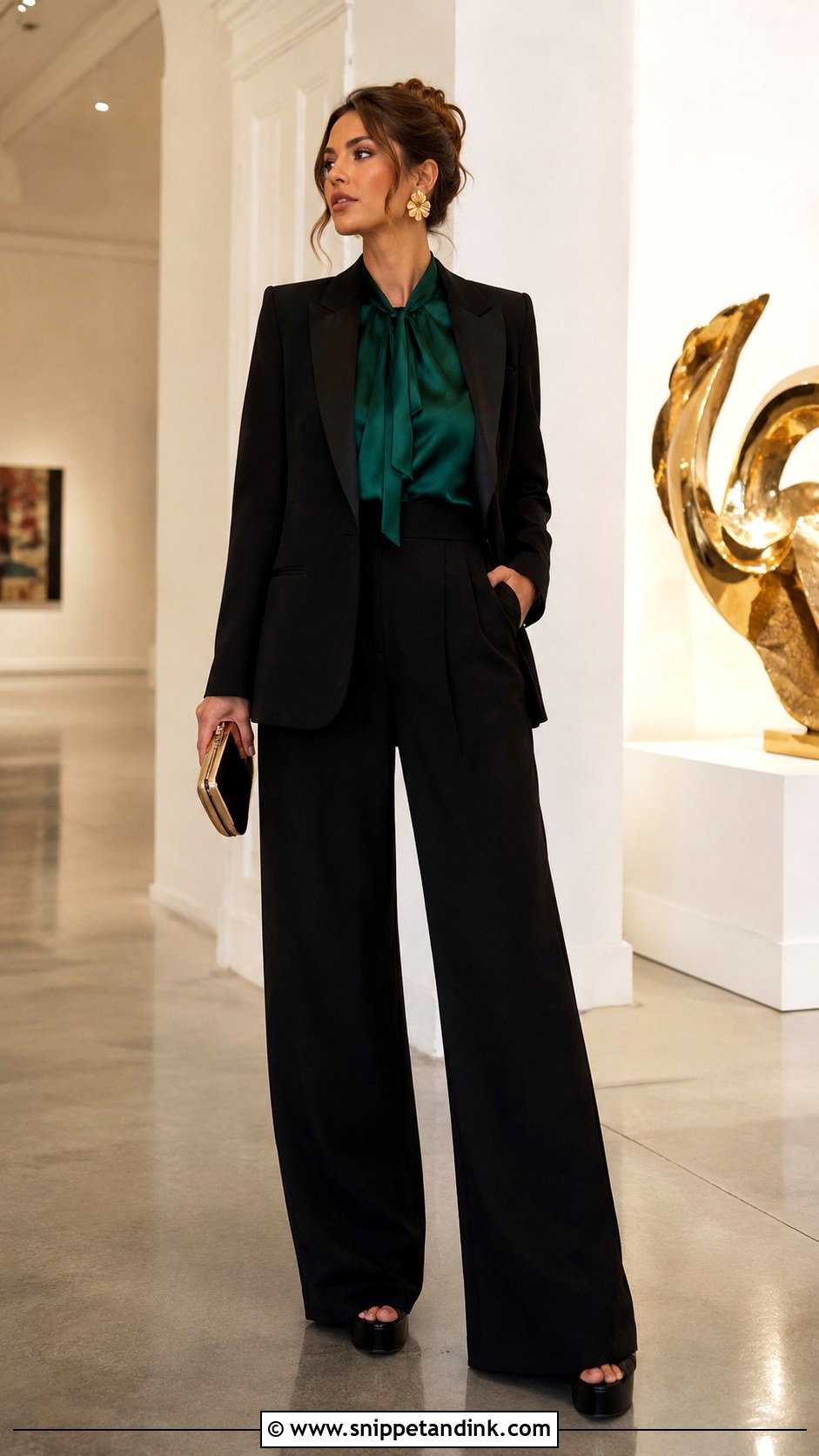 Wide Leg Black Wedding Suit With Silk Blouse - Snippet and Ink - 20 Black Wedding Suit Women Ideas