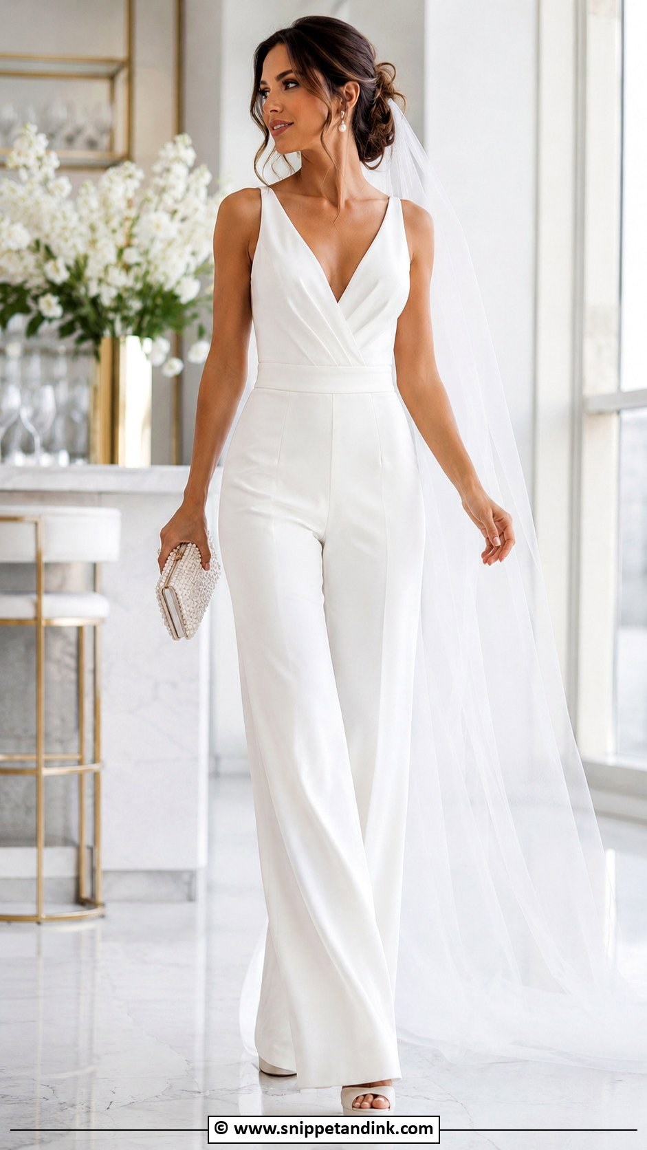 Wide Leg Bridal Jumpsuit With Platform Heels - Snippet and Ink - 30 Bridal Jumpsuit Ideas