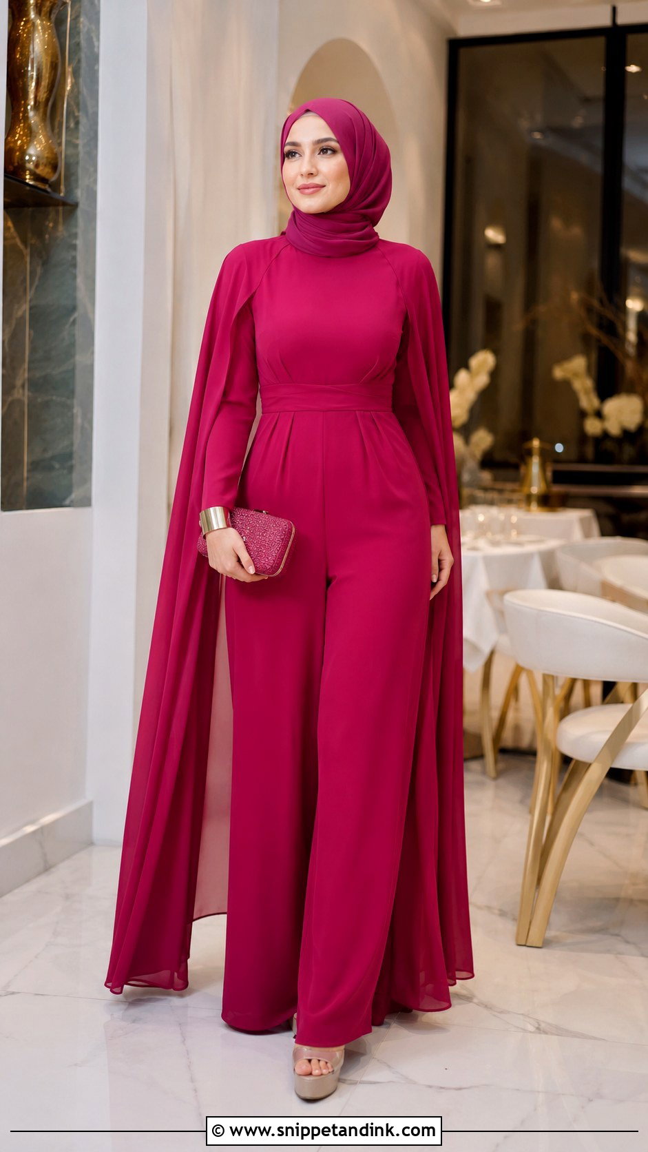 Wide Leg Jumpsuit And Chiffon Hijab Wedding Outfit - Snippet and Ink - 20 Hijab Outfit Wedding Ideas