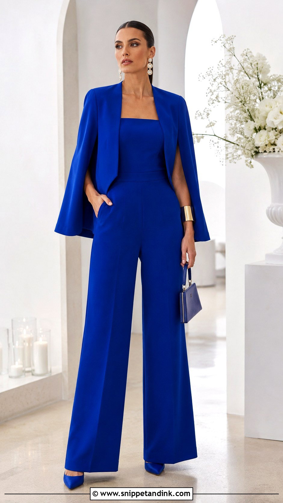 Wide Leg Jumpsuit With Cape Jacket Wedding Outfit - Snippet and Ink - 20 Jacket for Wedding Ideas