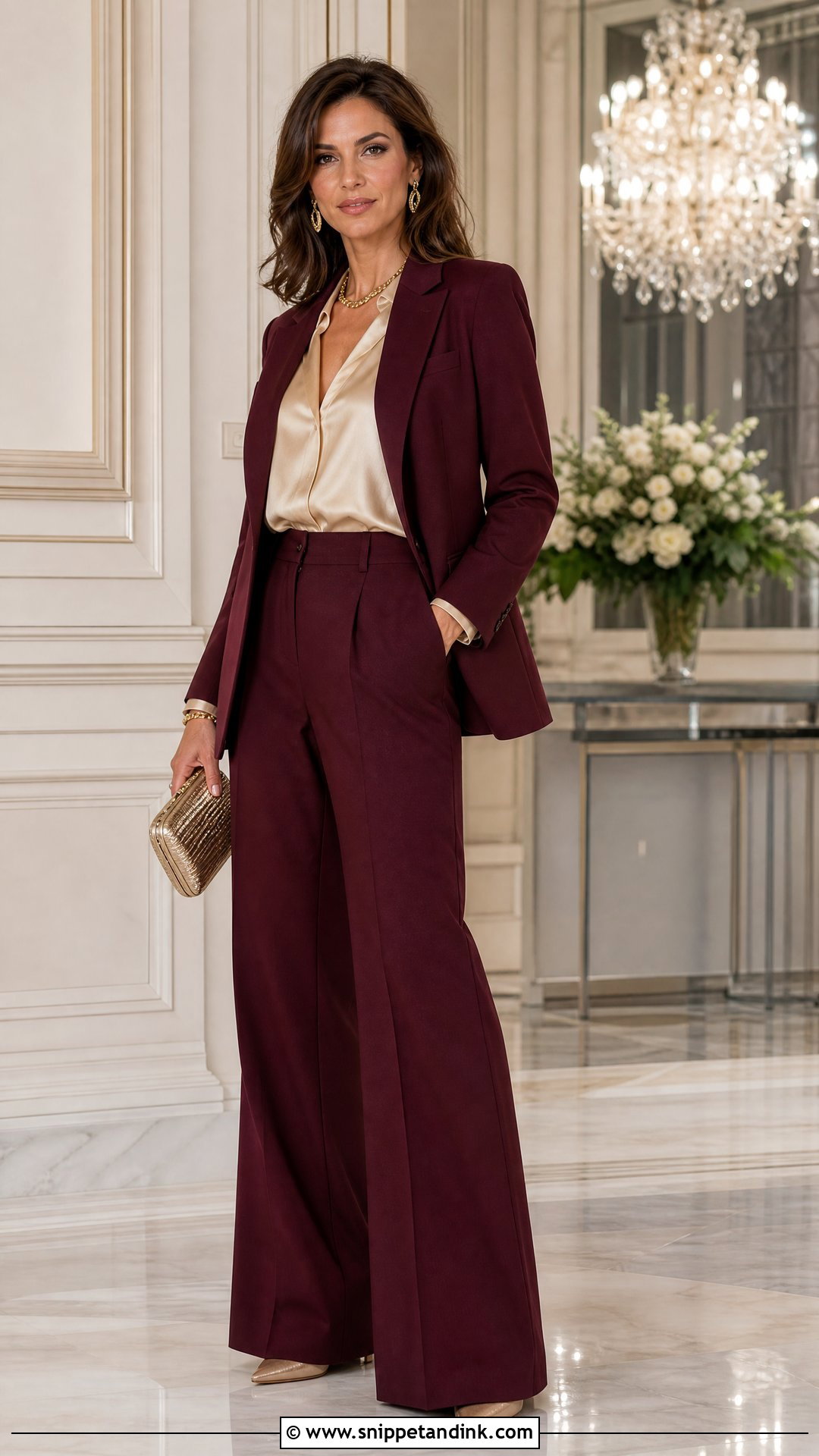 Wide Leg Maroon Wedding Suit With Champagne Blouse - Snippet and Ink - 20 Maroon Wedding Suit Ideas