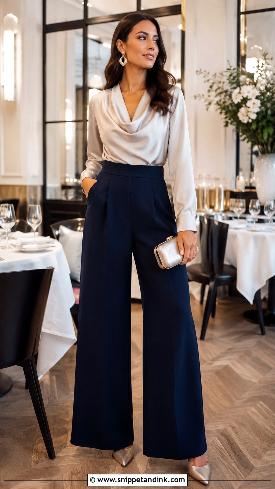 Wide Leg Pants And Blouse Wedding Dinner Outfit - Snippet and Ink - 25 Wedding Dinner Outfit Ideas
