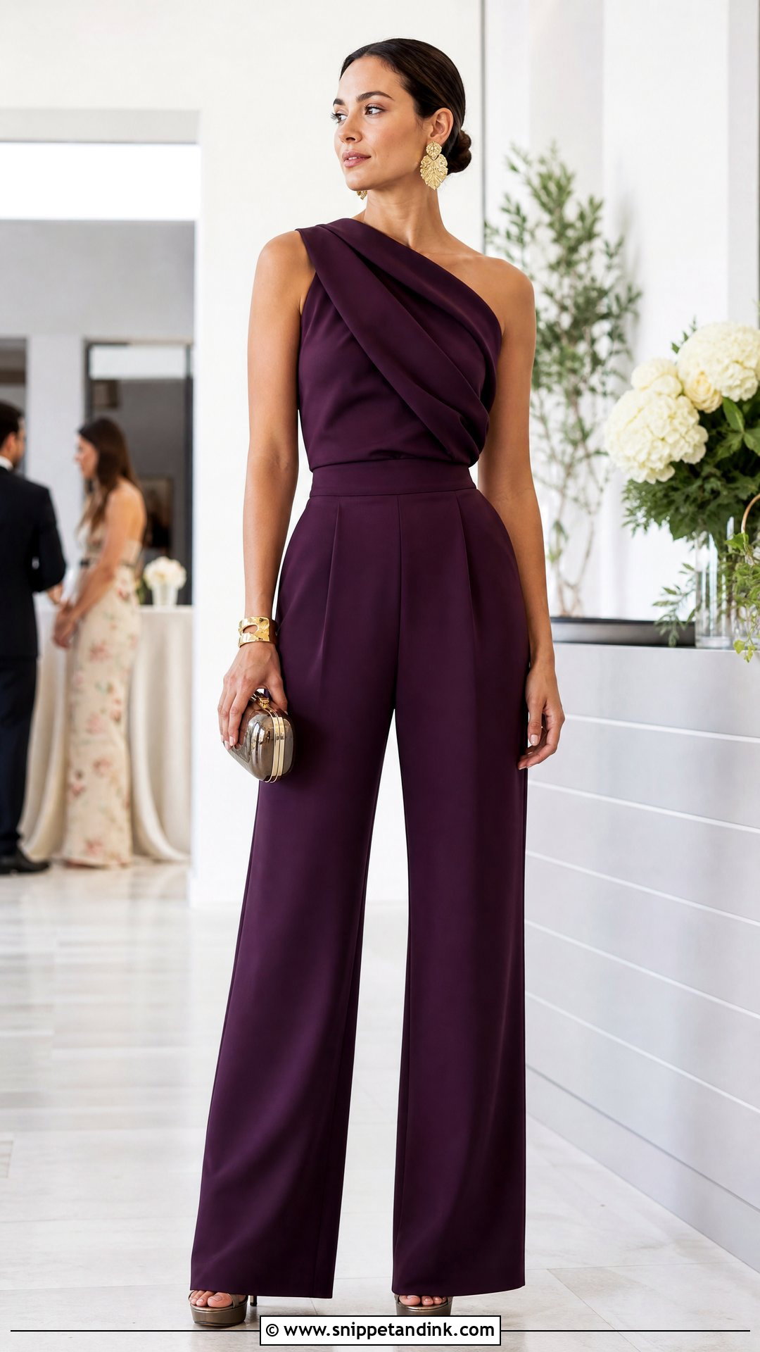 Wide Leg Pants And Draped Top Summer Wedding Attire - Snippet and Ink - 25 Summer Wedding Attire Ideas