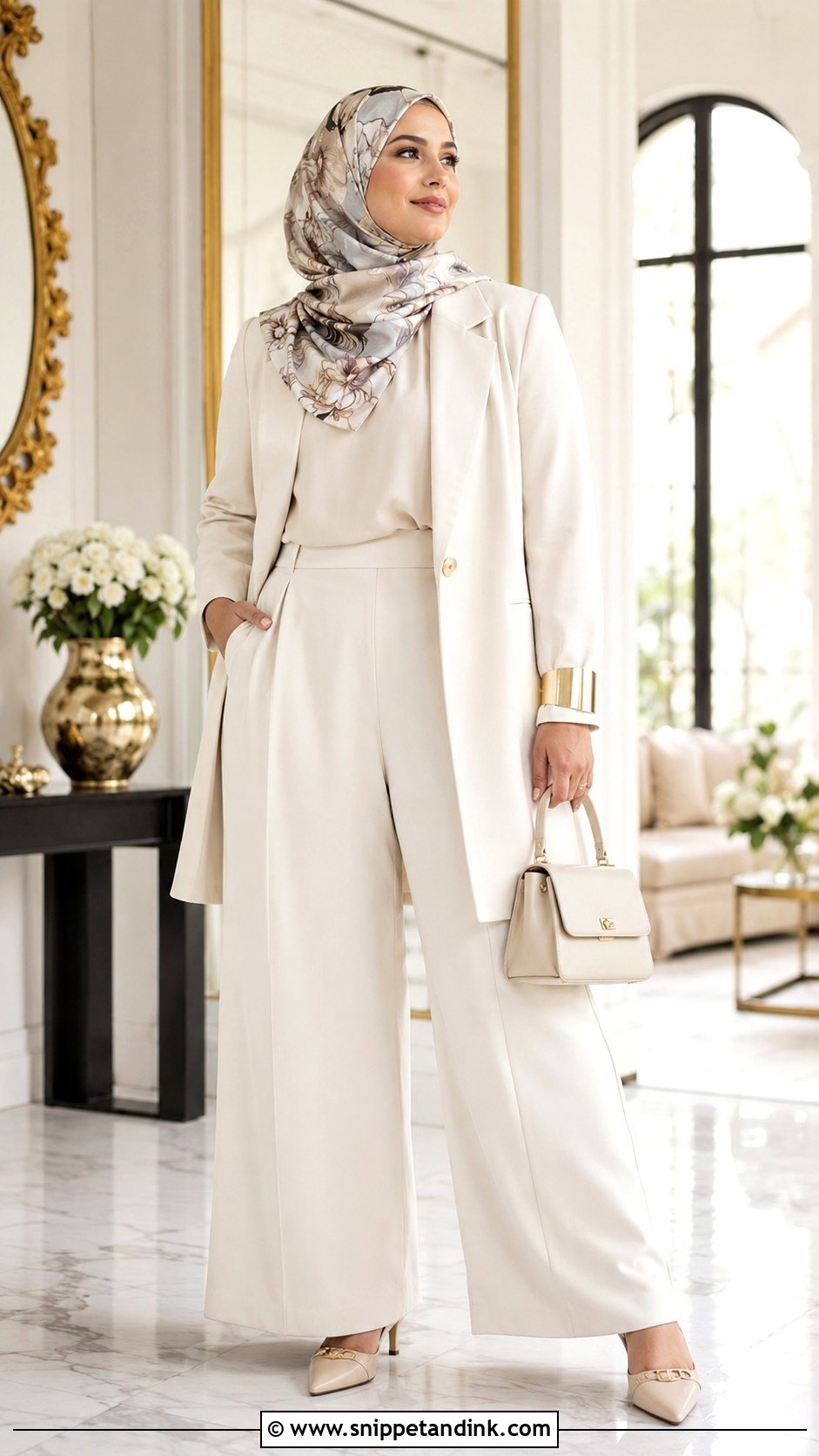 Wide Leg Pants Set With Silk Hijab - Snippet and Ink - 20 Ied Mubarak Outfit Hijab Ideas