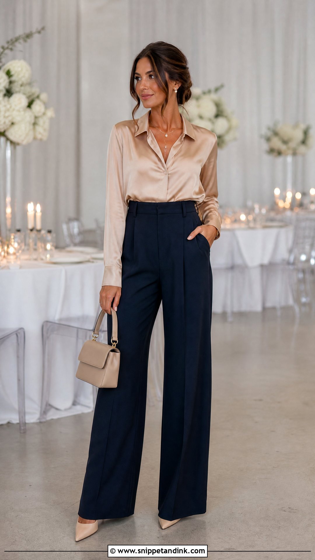 Wide Leg Trousers And Blouse Wedding Outfit - Snippet and Ink - 20 Smart Casual Wedding Outfit Women Ideas