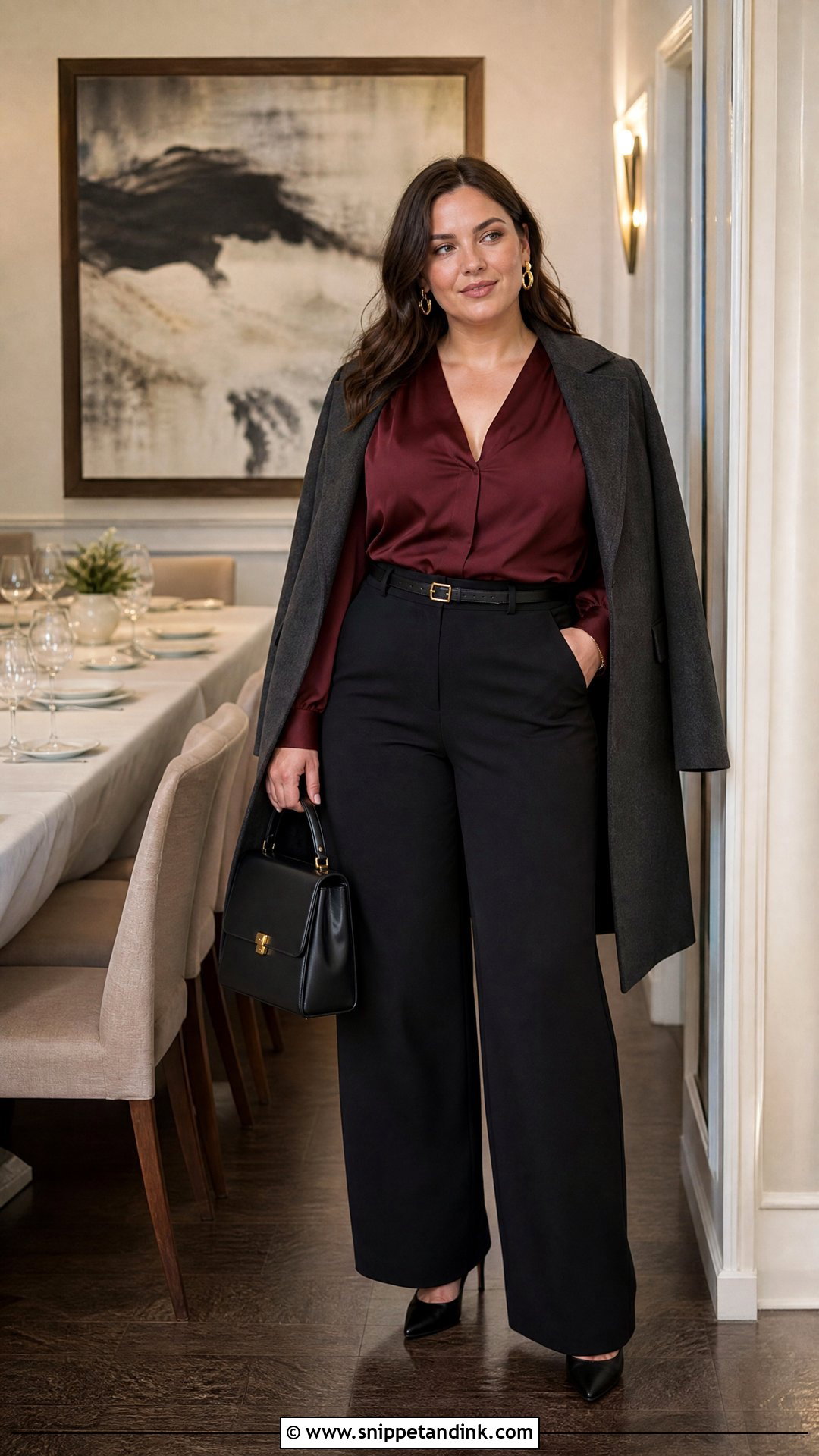 Wide Leg Trousers Winter Rehearsal Dinner Outfit - Snippet and Ink - 25 Winter Rehearsal Dinner Outfit Ideas