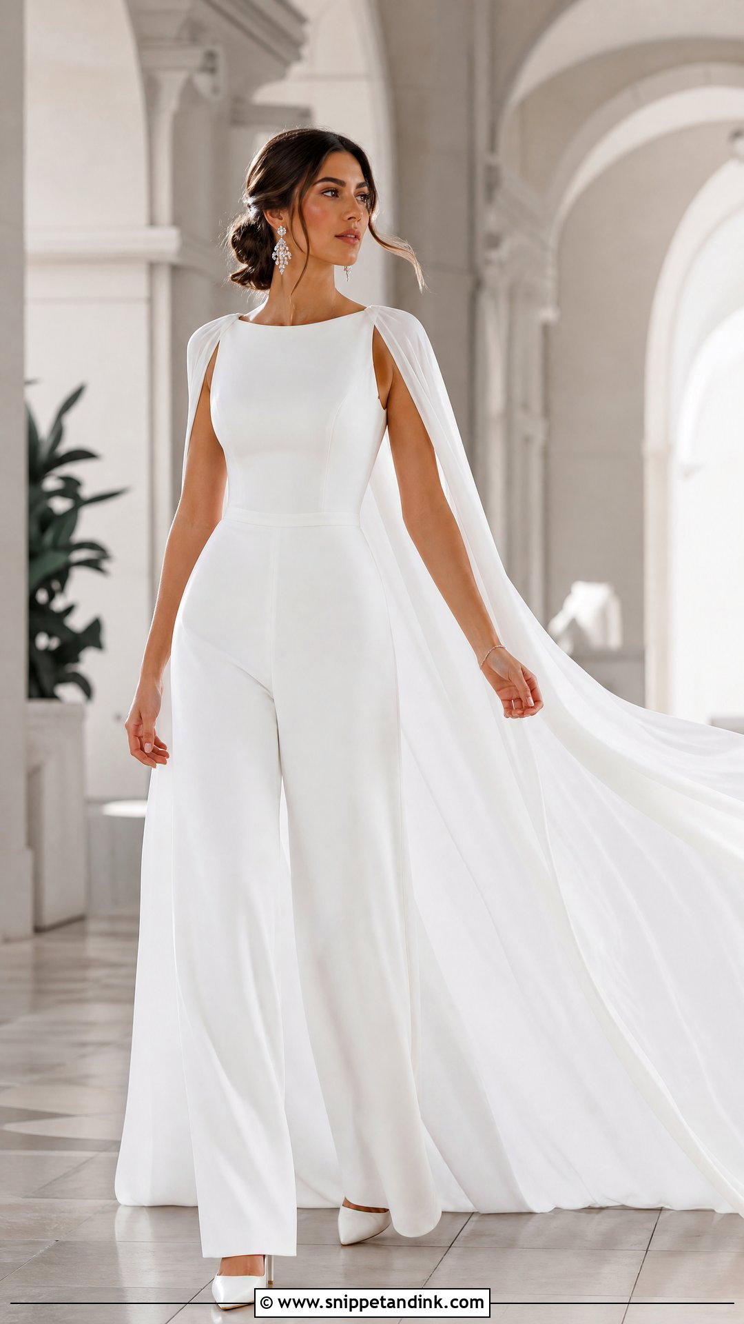 Wide Leg White Bridal Jumpsuit With Cape - Snippet and Ink - 20 White Bridal Jumpsuit Ideas