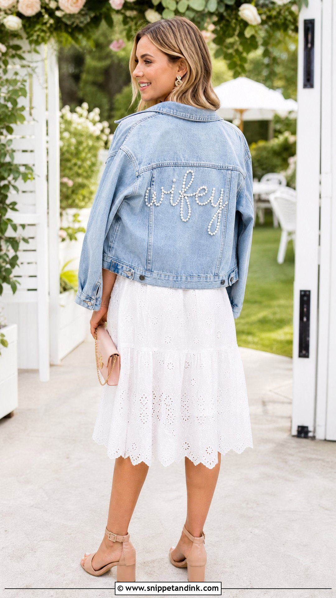 Wifey Denim Jacket With Bridal Shower Midi Dress - Snippet and Ink - 20 Bride Denim Jacket Ideas