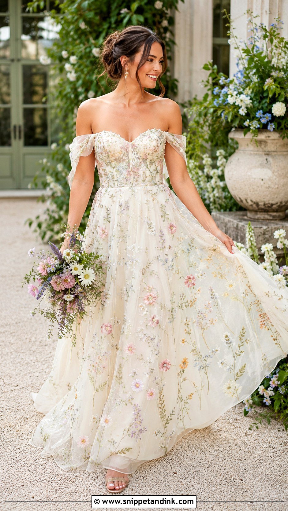 Wildflower Wedding Dress With Off Shoulder Neckline - Snippet and Ink - 25 Wildflower Wedding Dress Ideas
