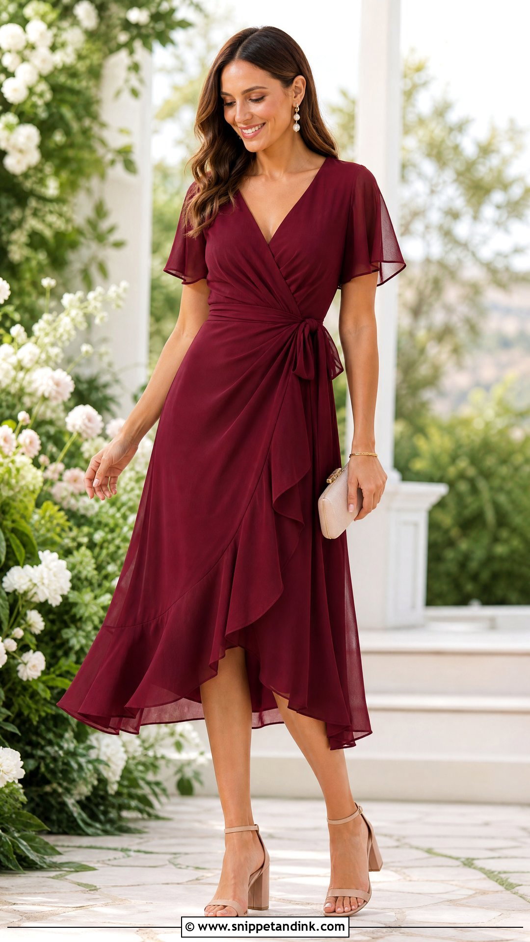 Wine Chiffon Wrap Dress Wedding Outfit - Snippet and Ink - 20 Wine Dress Outfit Wedding Ideas