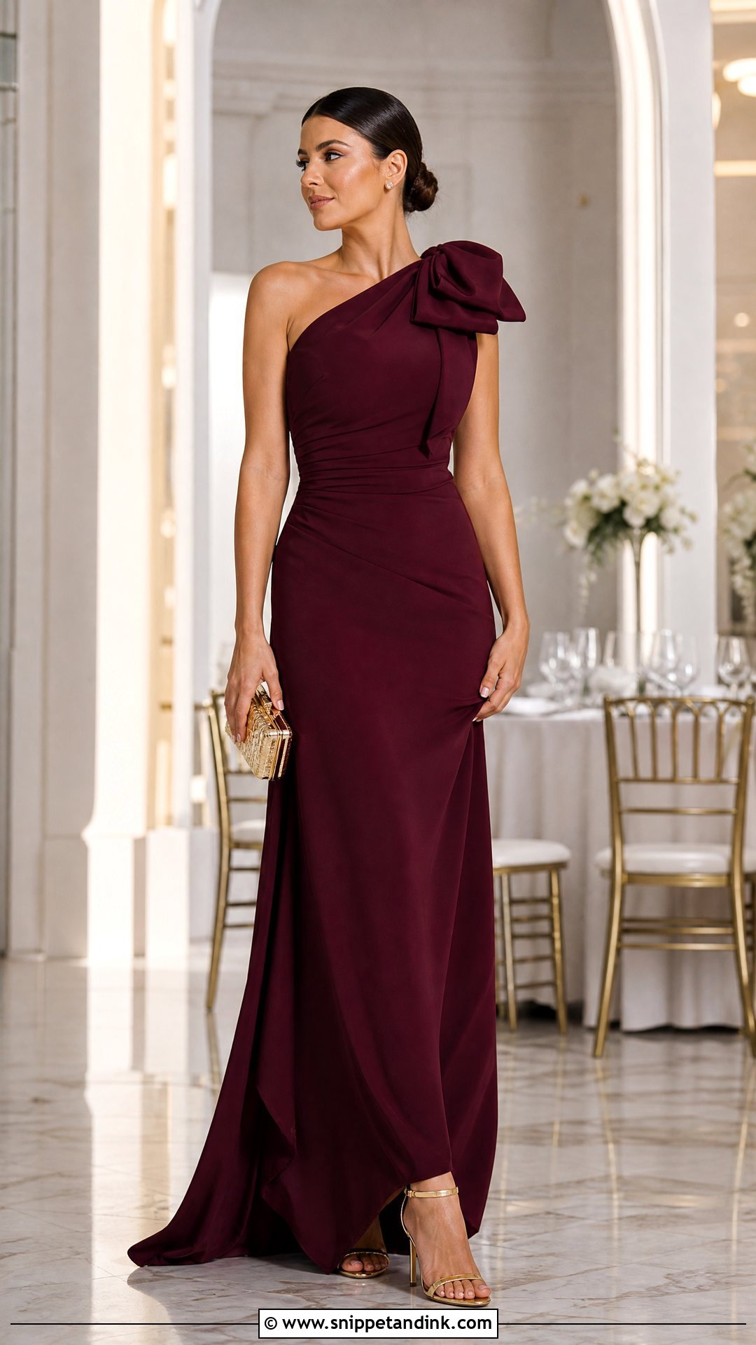 Wine Color Bow Shoulder Gown With Metallic Heels - Snippet and Ink - 25 Wine Colour Gown Ideas