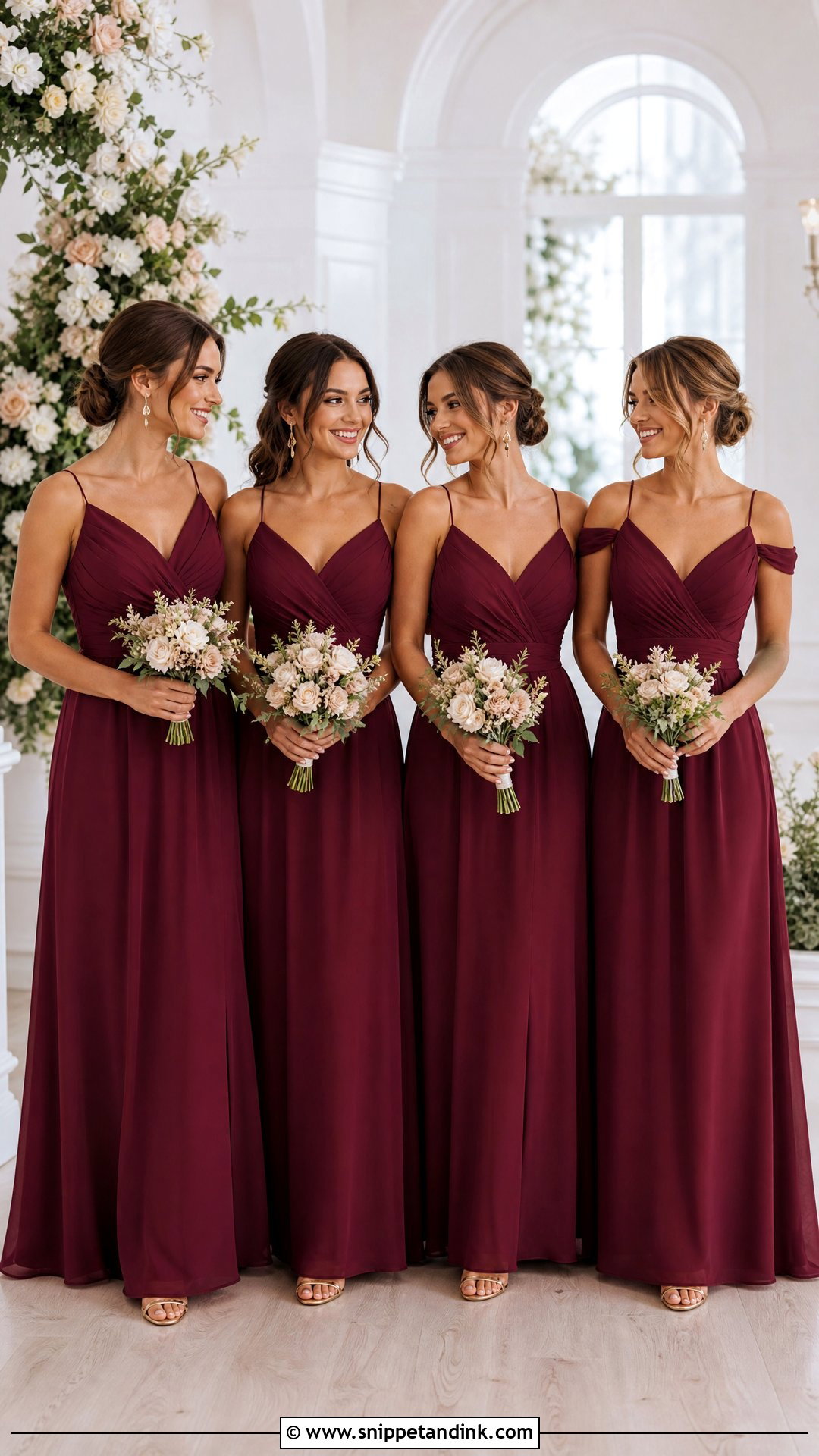 Wine Color Bridesmaid Gown With Gold Sandals - Snippet and Ink - 25 Wine Colour Gown Ideas