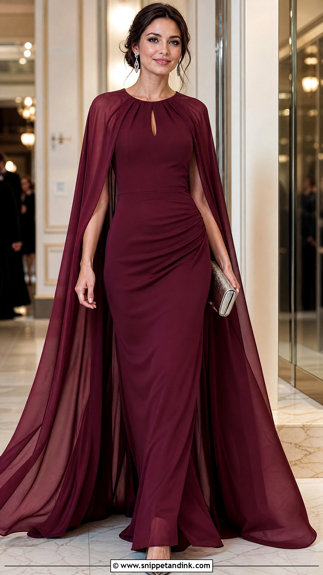 Wine Color Chiffon Cape Gown With Metallic Pumps - Snippet and Ink - 25 Wine Colour Gown Ideas