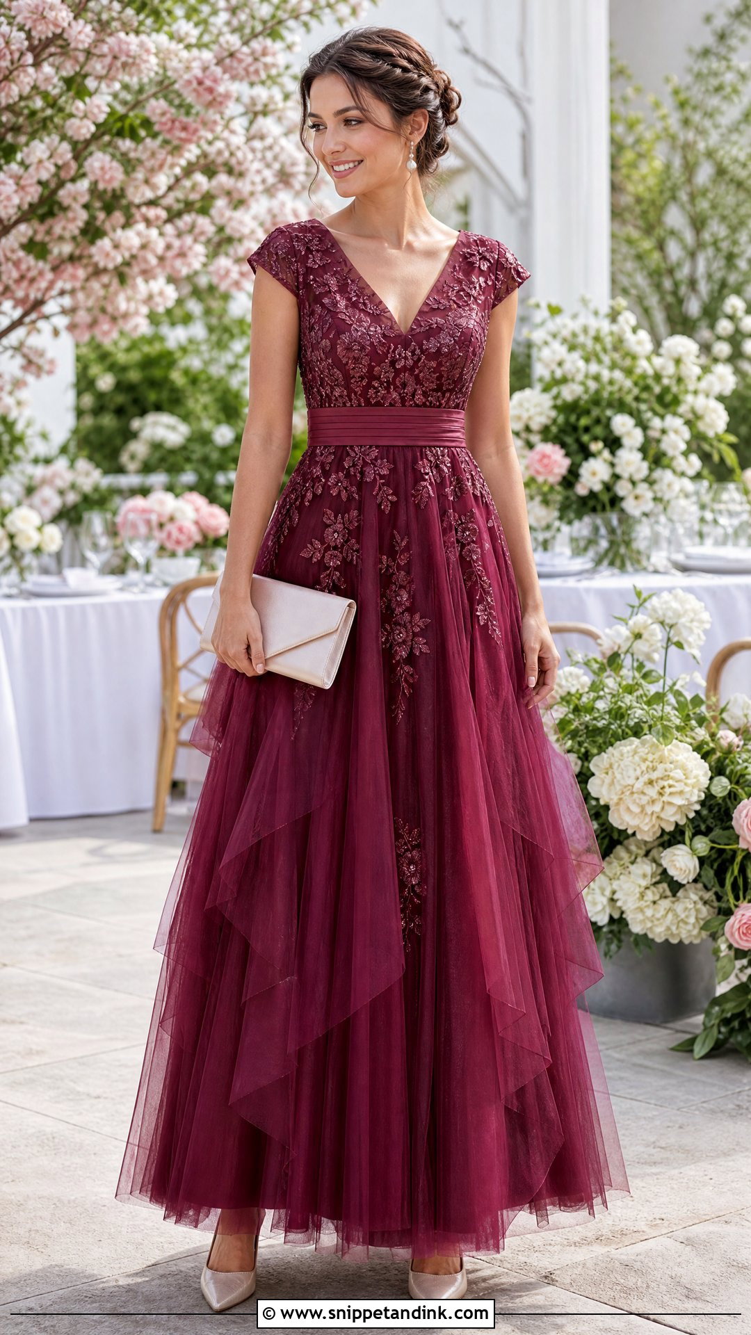 Wine Color Embroidered Tulle Gown With Pearl Jewelry - Snippet and Ink - 25 Wine Colour Gown Ideas
