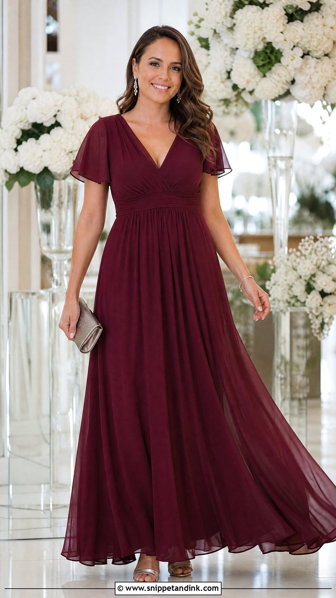 Wine Color Empire Waist Gown With Crystal Jewelry - Snippet and Ink - 25 Wine Colour Gown Ideas