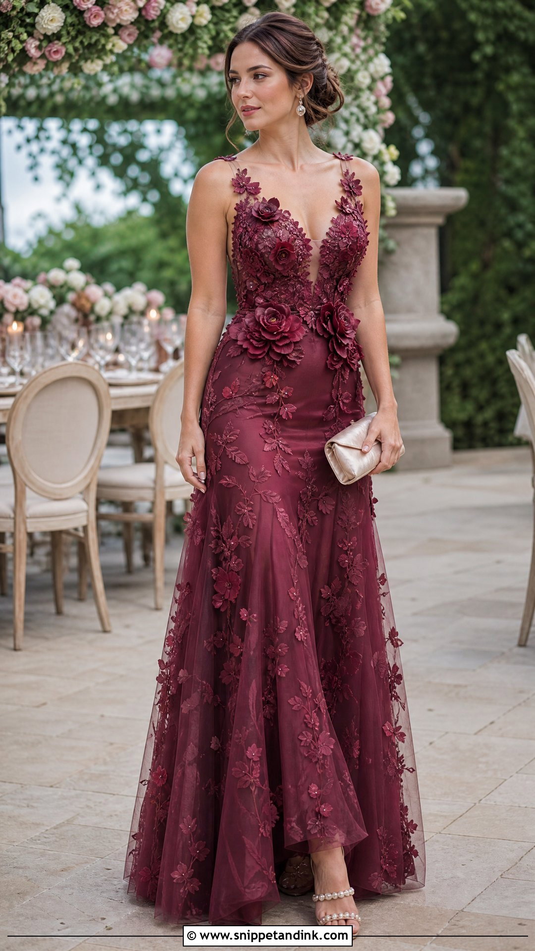Wine Color Floral Applique Gown With Pearl Heels - Snippet and Ink - 25 Wine Colour Gown Ideas