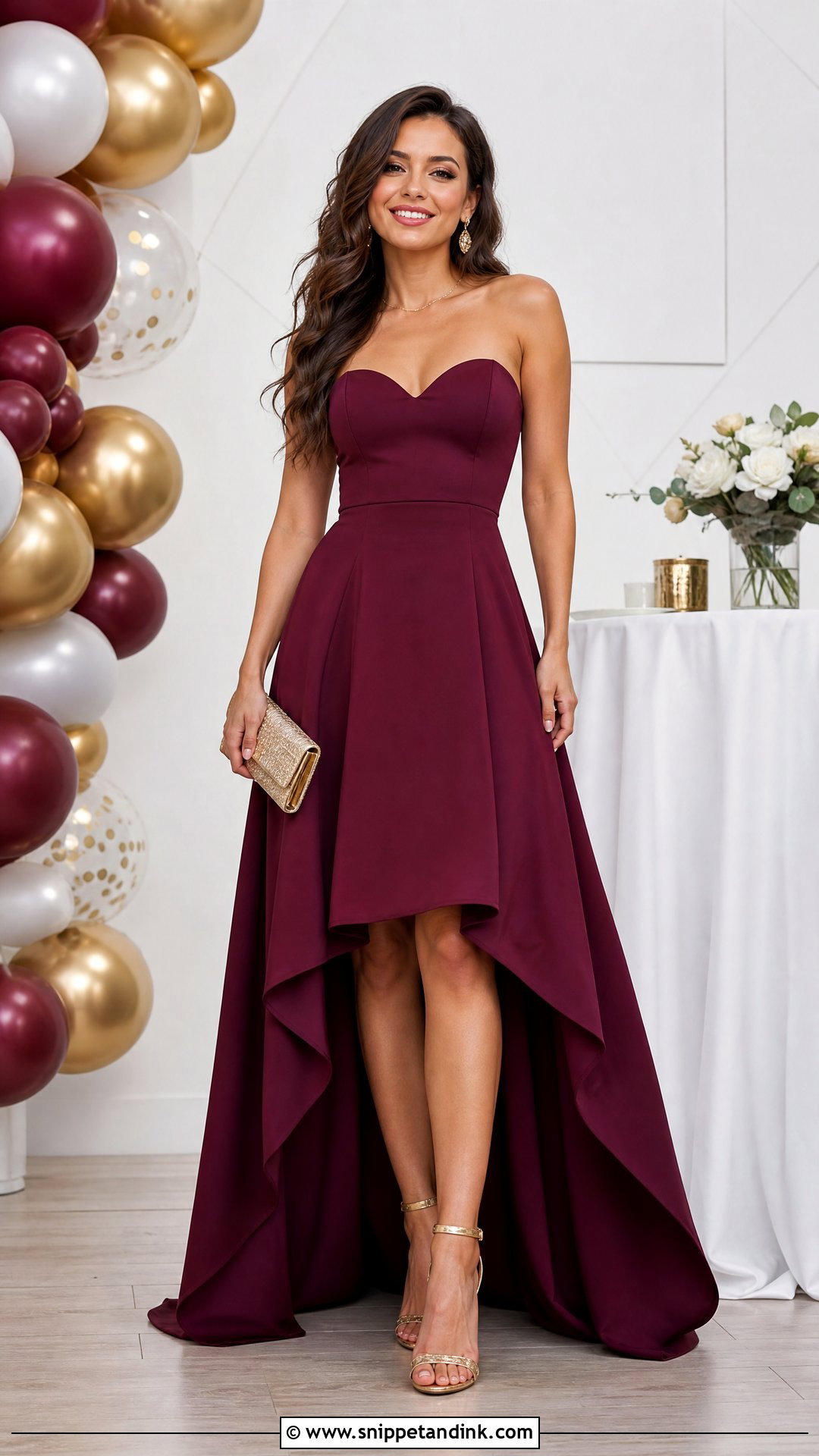 Wine Color High Low Gown With Strappy Heels - Snippet and Ink - 25 Wine Colour Gown Ideas