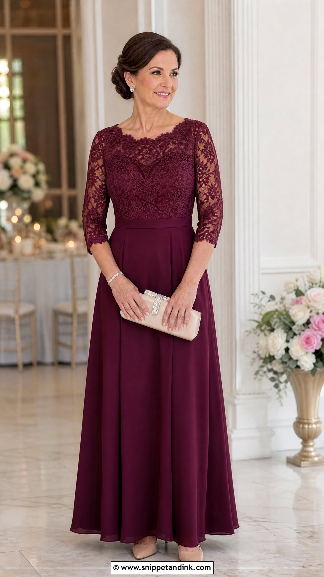 Wine Color Lace Sleeve Gown With Nude Pumps - Snippet and Ink - 25 Wine Colour Gown Ideas