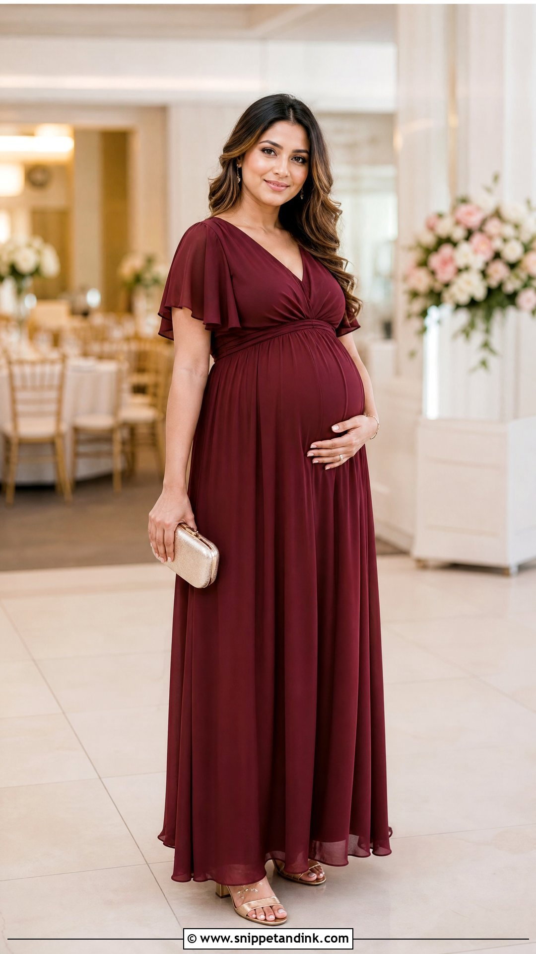 Wine Color Maternity Gown With Low Block Heels - Snippet and Ink - 25 Wine Colour Gown Ideas