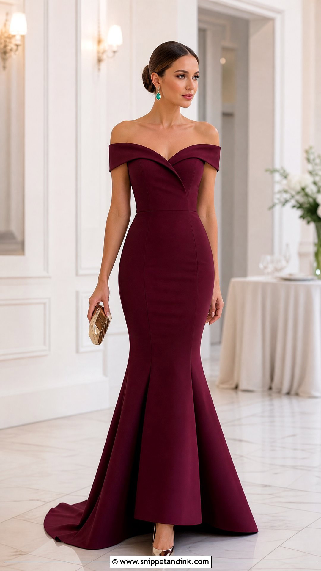 Wine Color Mermaid Gown With Statement Earrings - Snippet and Ink - 25 Wine Colour Gown Ideas