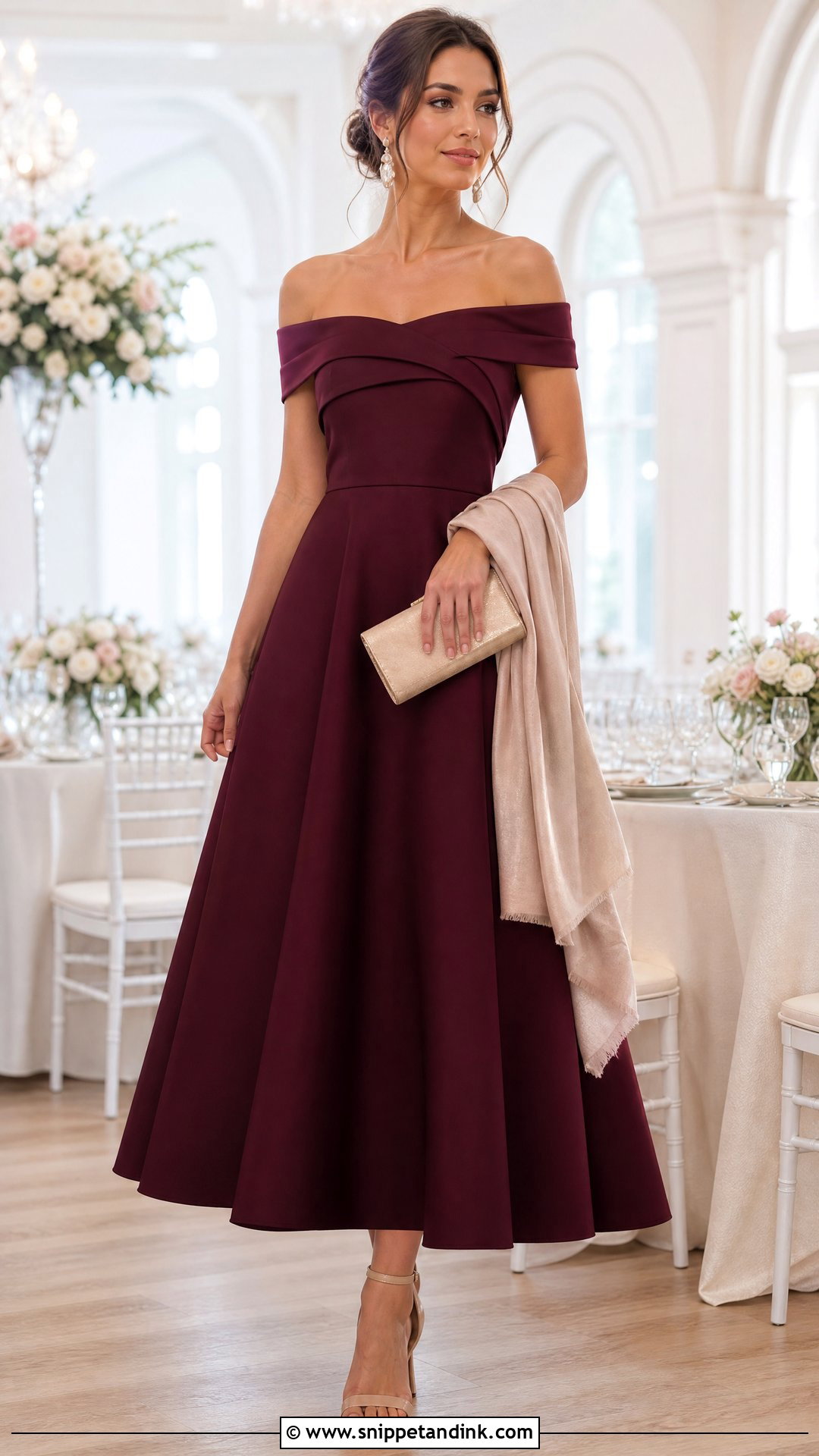 Wine Color Off Shoulder Gown With Nude Sandals - Snippet and Ink - 25 Wine Colour Gown Ideas