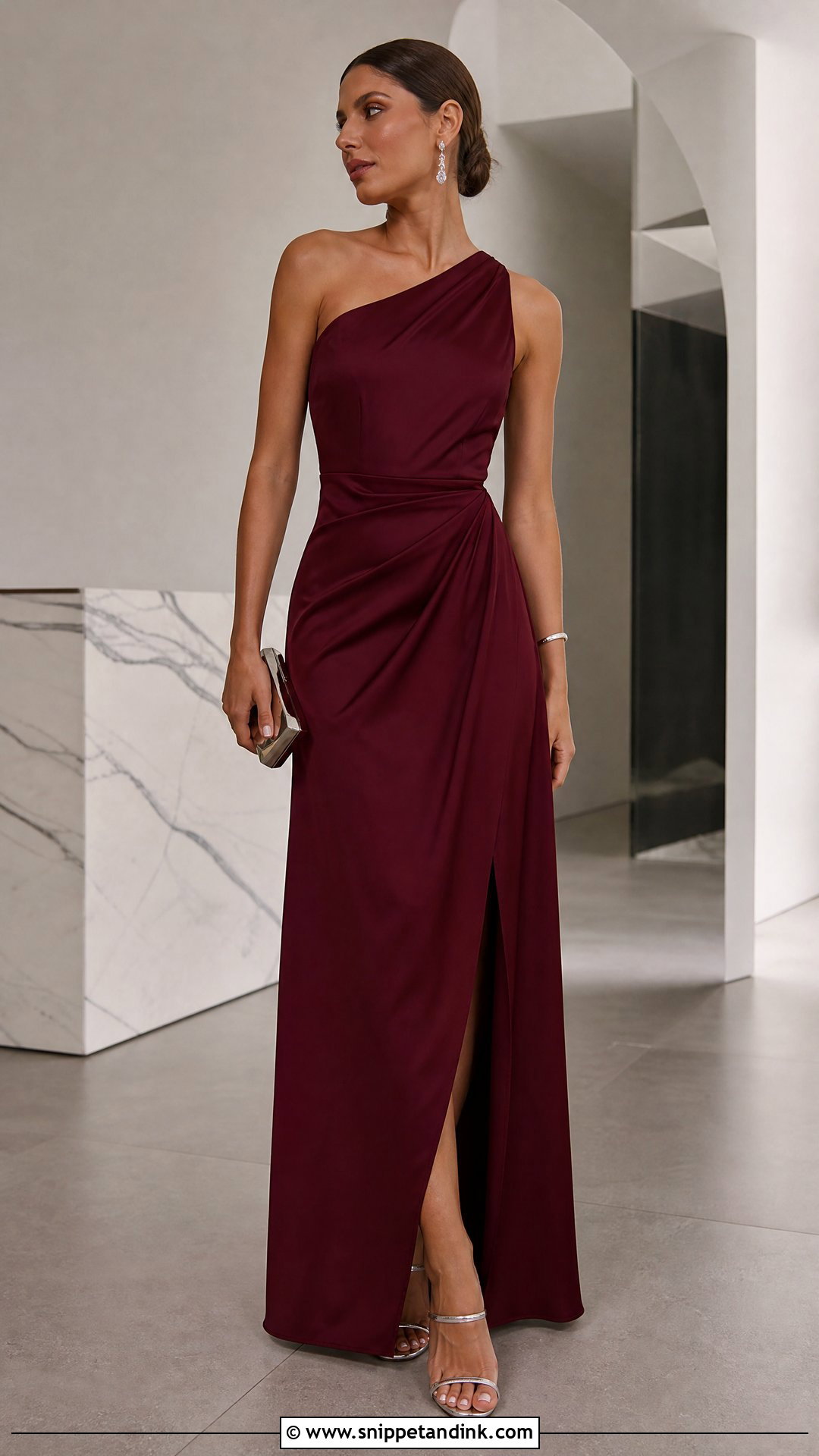 Wine Color One Shoulder Gown With Silver Accessories - Snippet and Ink - 25 Wine Colour Gown Ideas