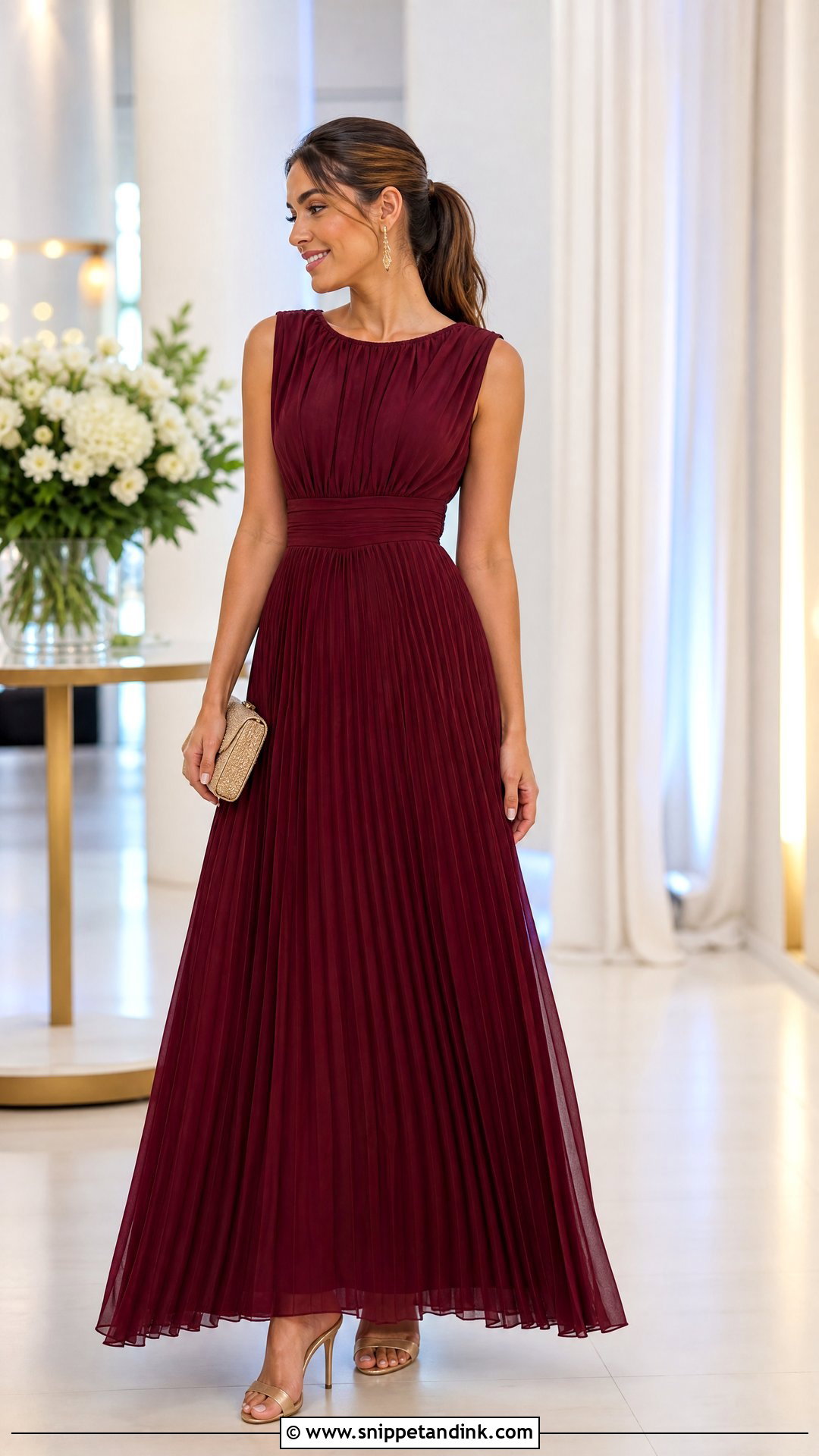 Wine Color Pleated Gown With Champagne Accessories - Snippet and Ink - 25 Wine Colour Gown Ideas