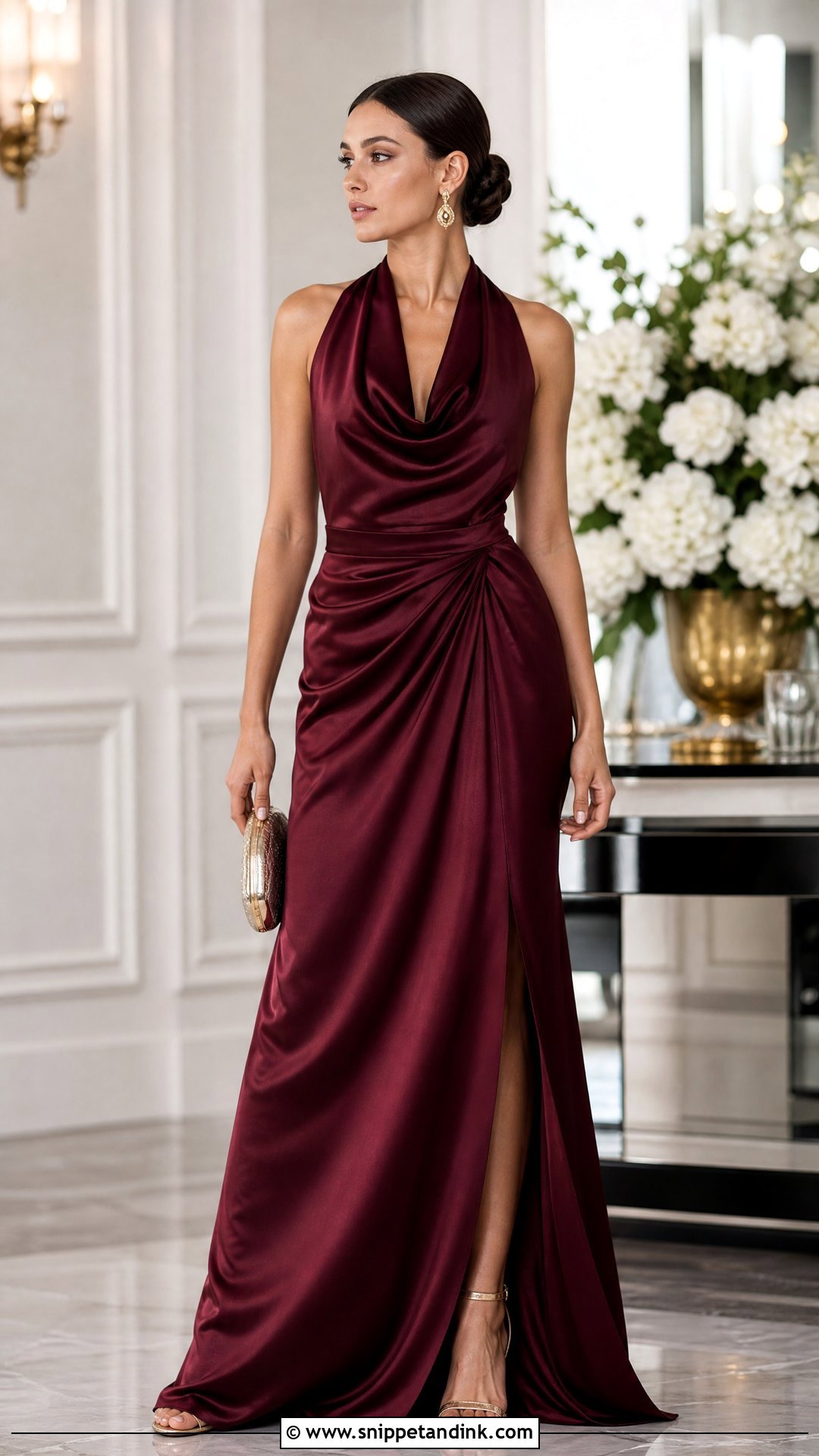 Wine Color Satin Gown With Gold Heels - Snippet and Ink - 25 Wine Colour Gown Ideas