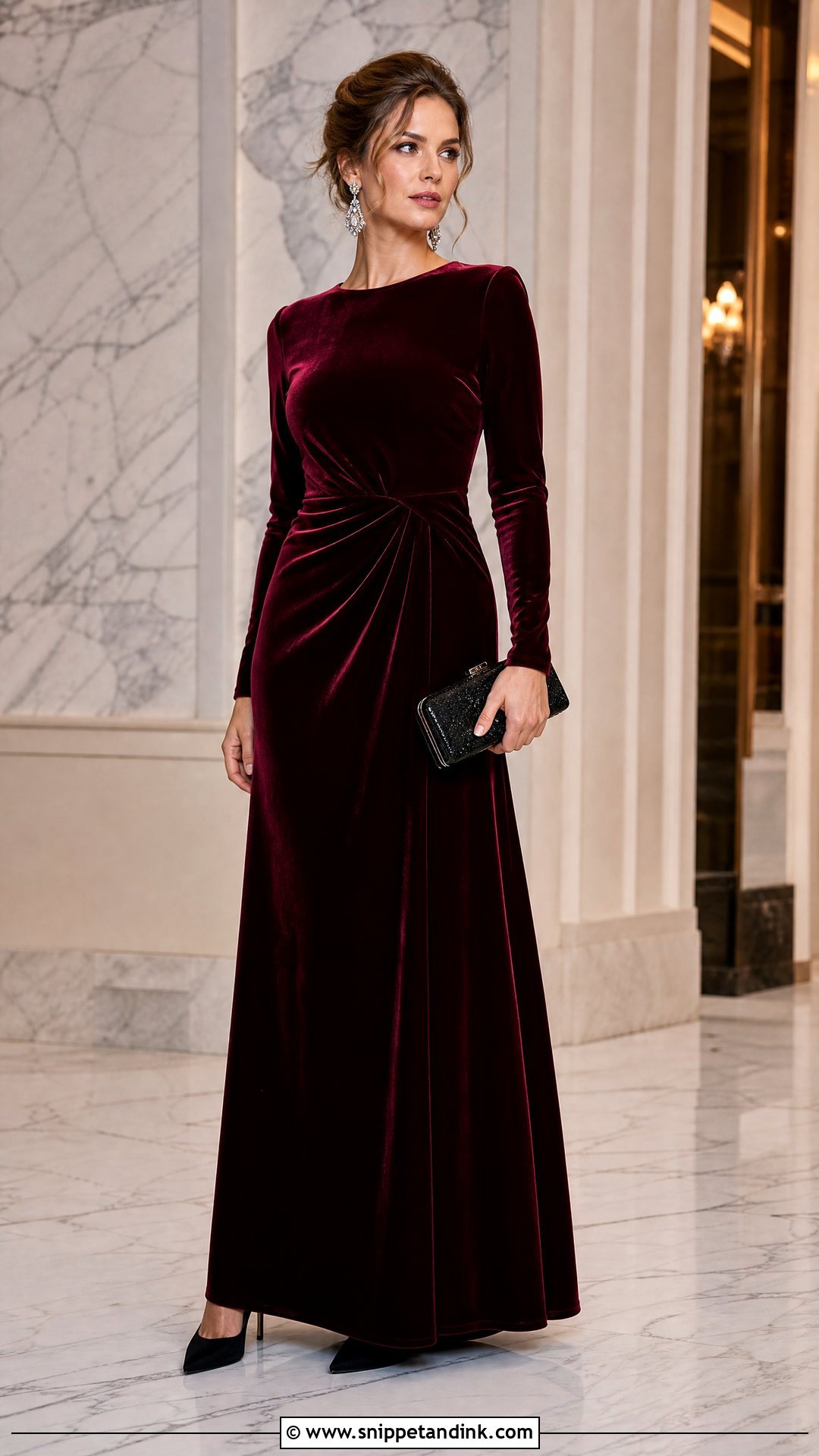 Wine Color Velvet Gown With Long Sleeves - Snippet and Ink - 25 Wine Colour Gown Ideas