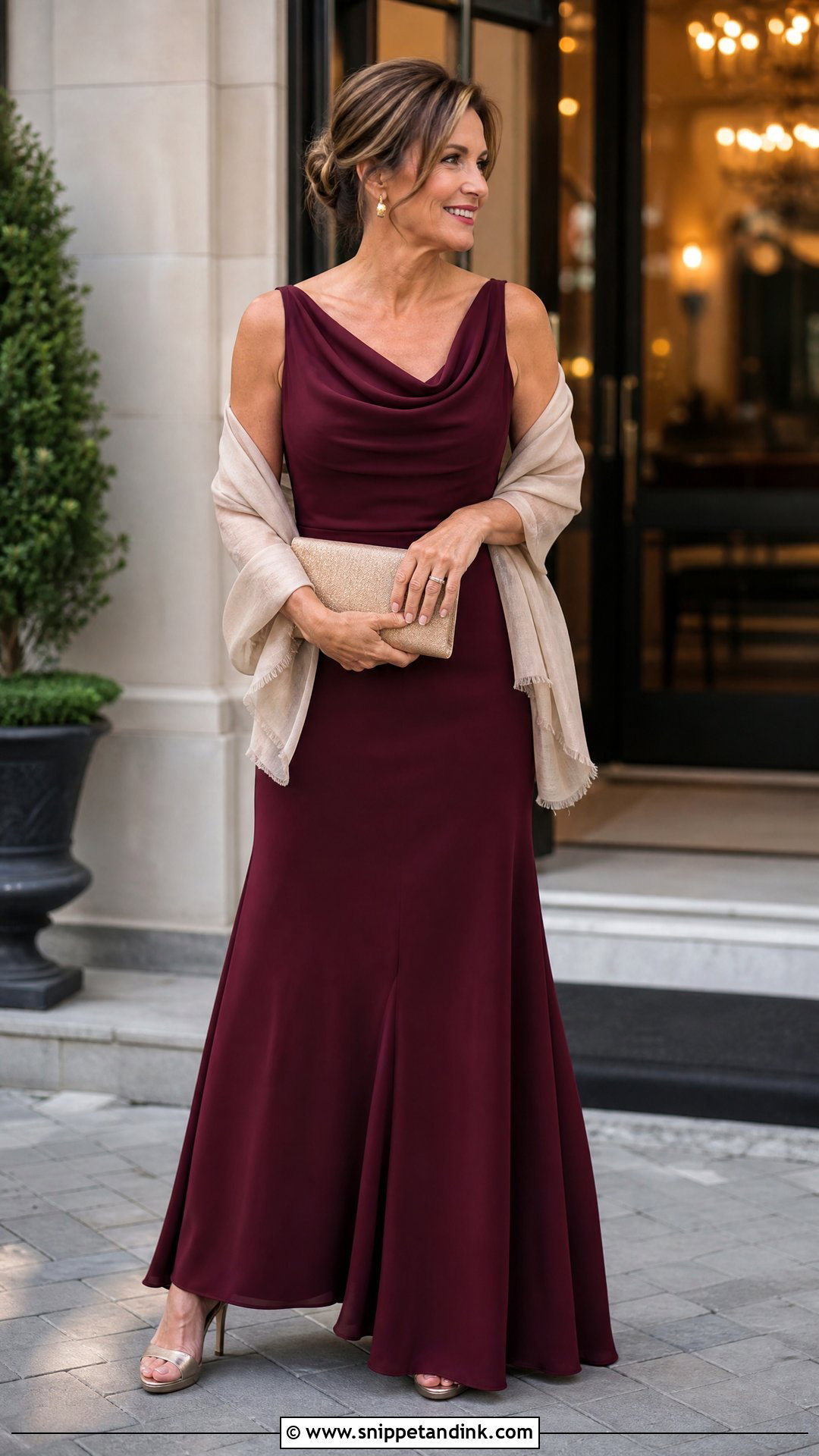 Wine Color Wedding Guest Gown With Champagne Clutch - Snippet and Ink - 25 Wine Colour Gown Ideas